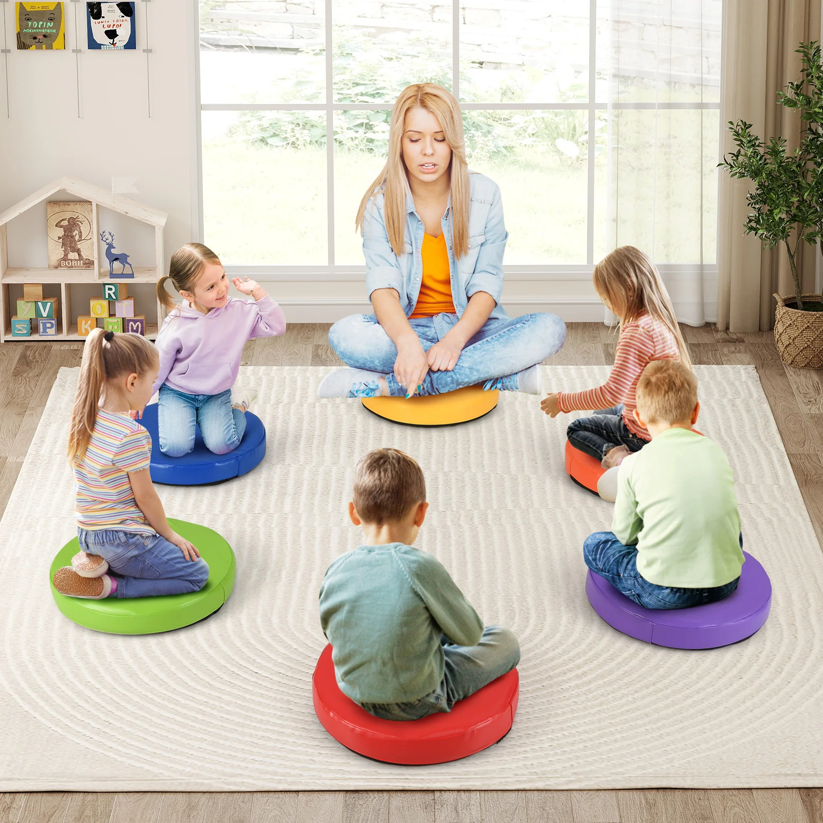 6 PCS Round Floor Cushions for Kids, 35cm Classroom Floor Cushions with Handles - Image 8