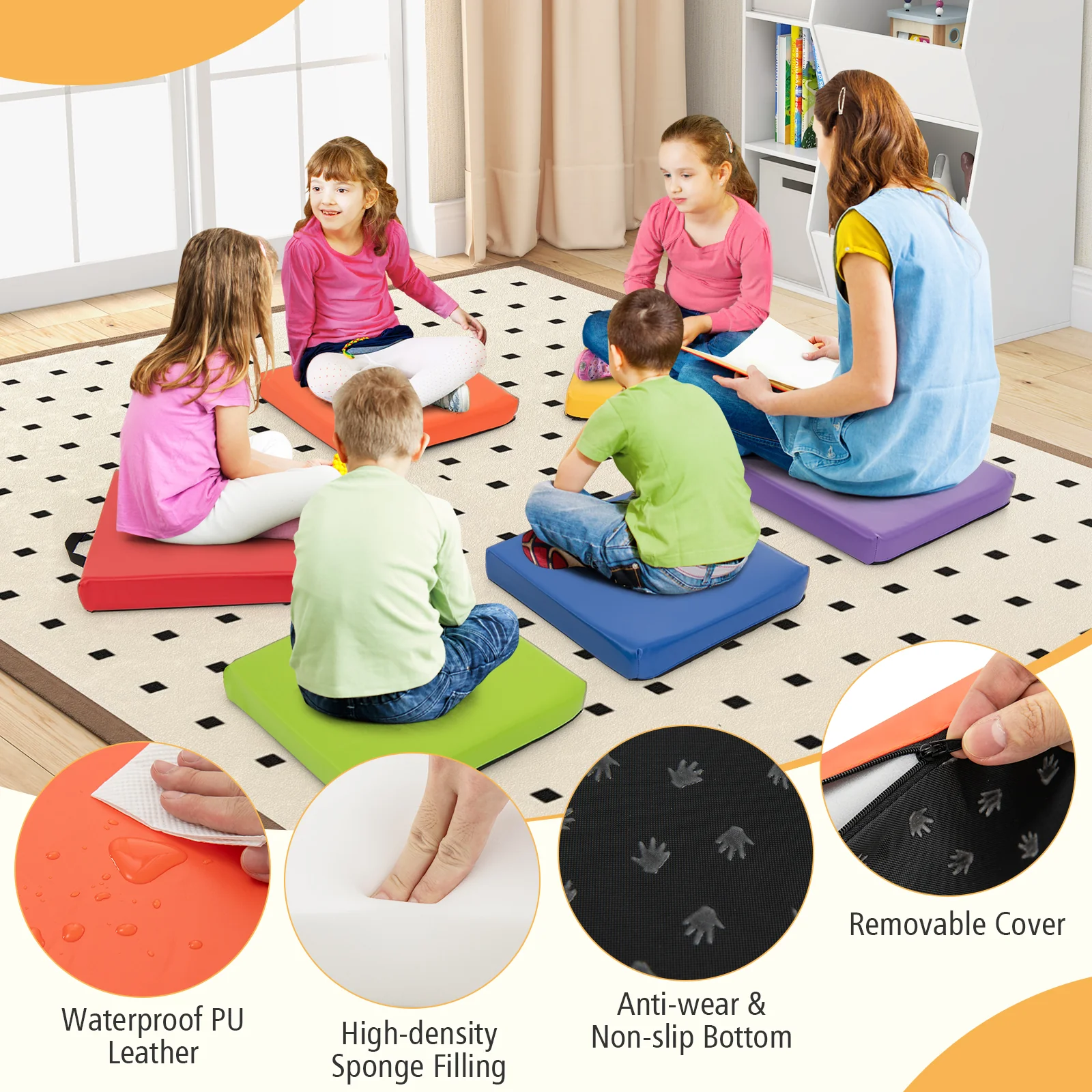 6 PCS Square Floor Cushions, Soft Sponge Floor Pillows for Classroom Home Nursery Kids Room Daycare - Image 5