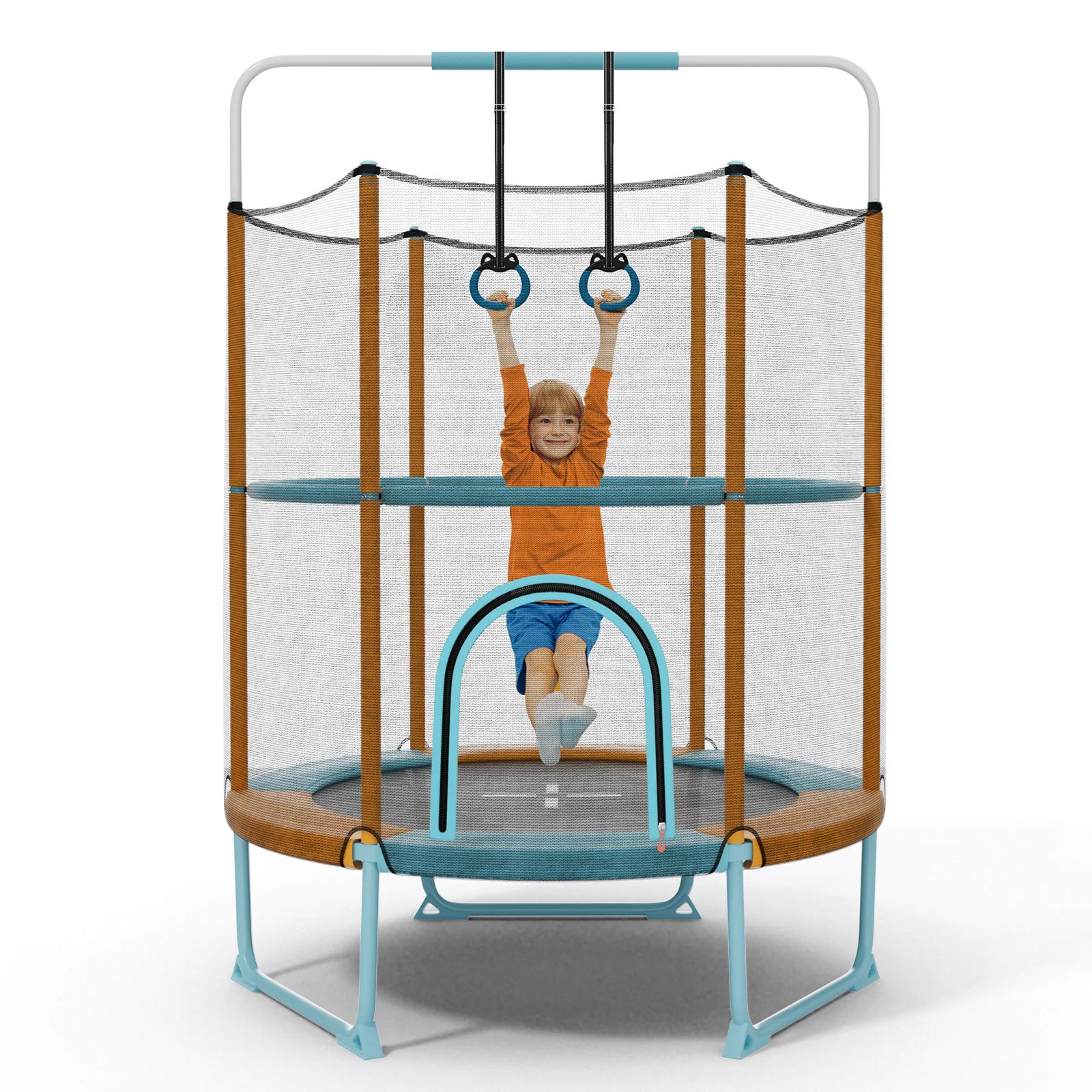 60" Kids Trampoline 5 FT Recreational Trampoline with Gymnastic Bar & Rings Blue - Image 10