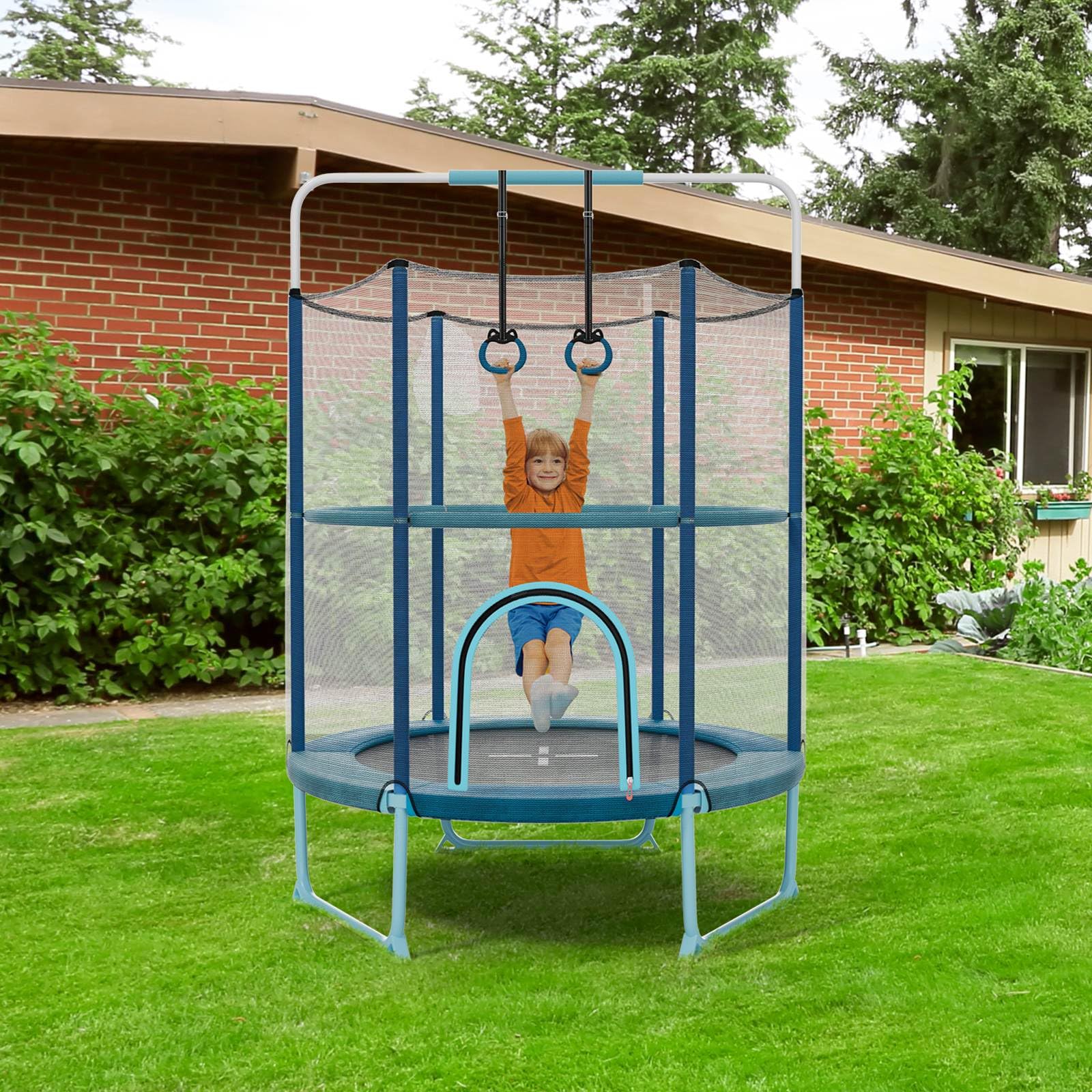 60" Kids Trampoline 5 FT Recreational Trampoline with Gymnastic Bar & Rings Blue - Image 2