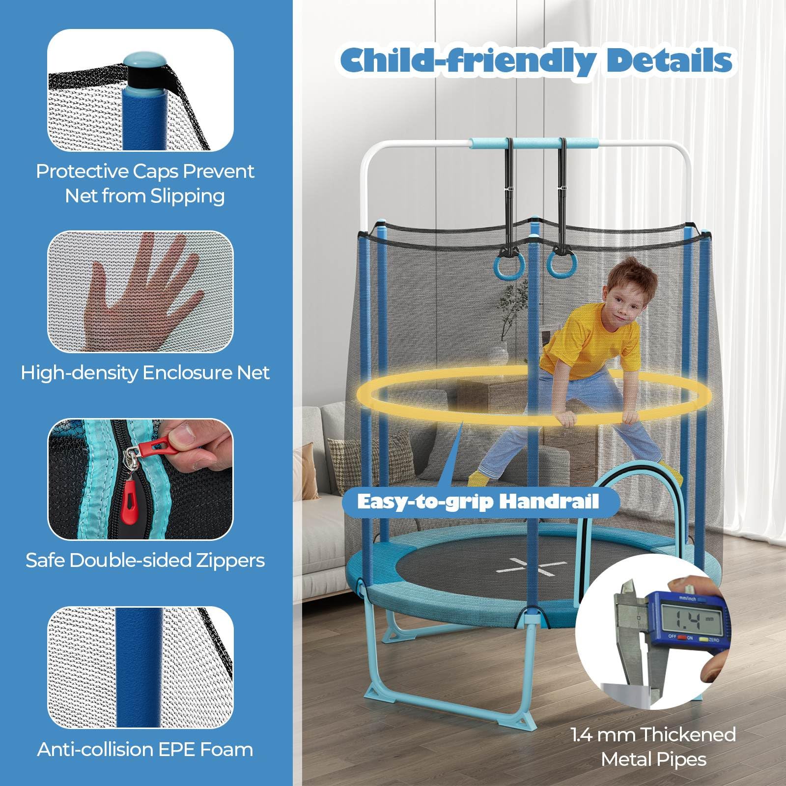 60" Kids Trampoline 5 FT Recreational Trampoline with Gymnastic Bar & Rings Blue - Image 3
