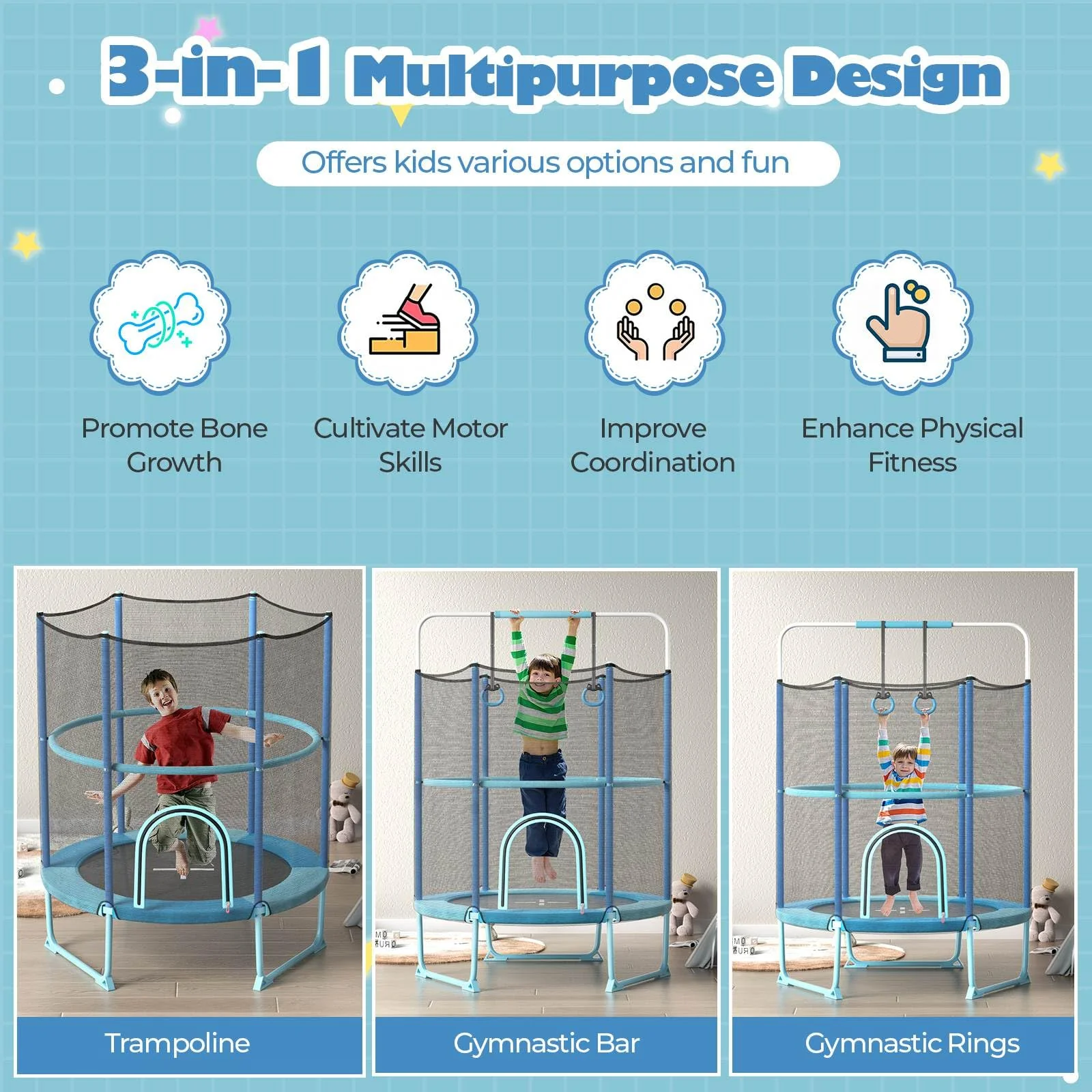 60" Kids Trampoline 5 FT Recreational Trampoline with Gymnastic Bar & Rings Blue - Image 5