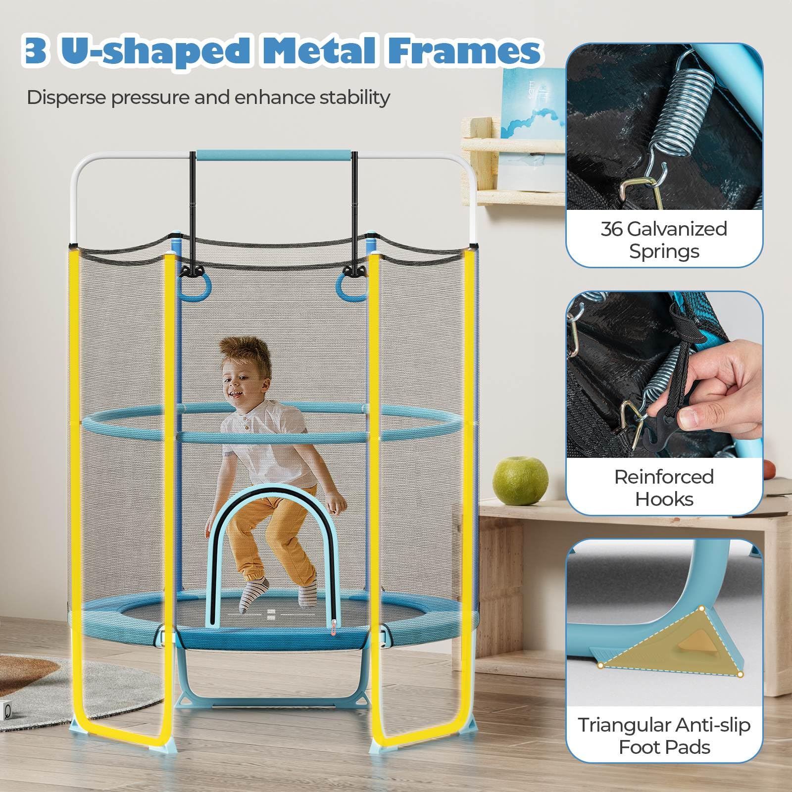 60" Kids Trampoline 5 FT Recreational Trampoline with Gymnastic Bar & Rings Blue - Image 6