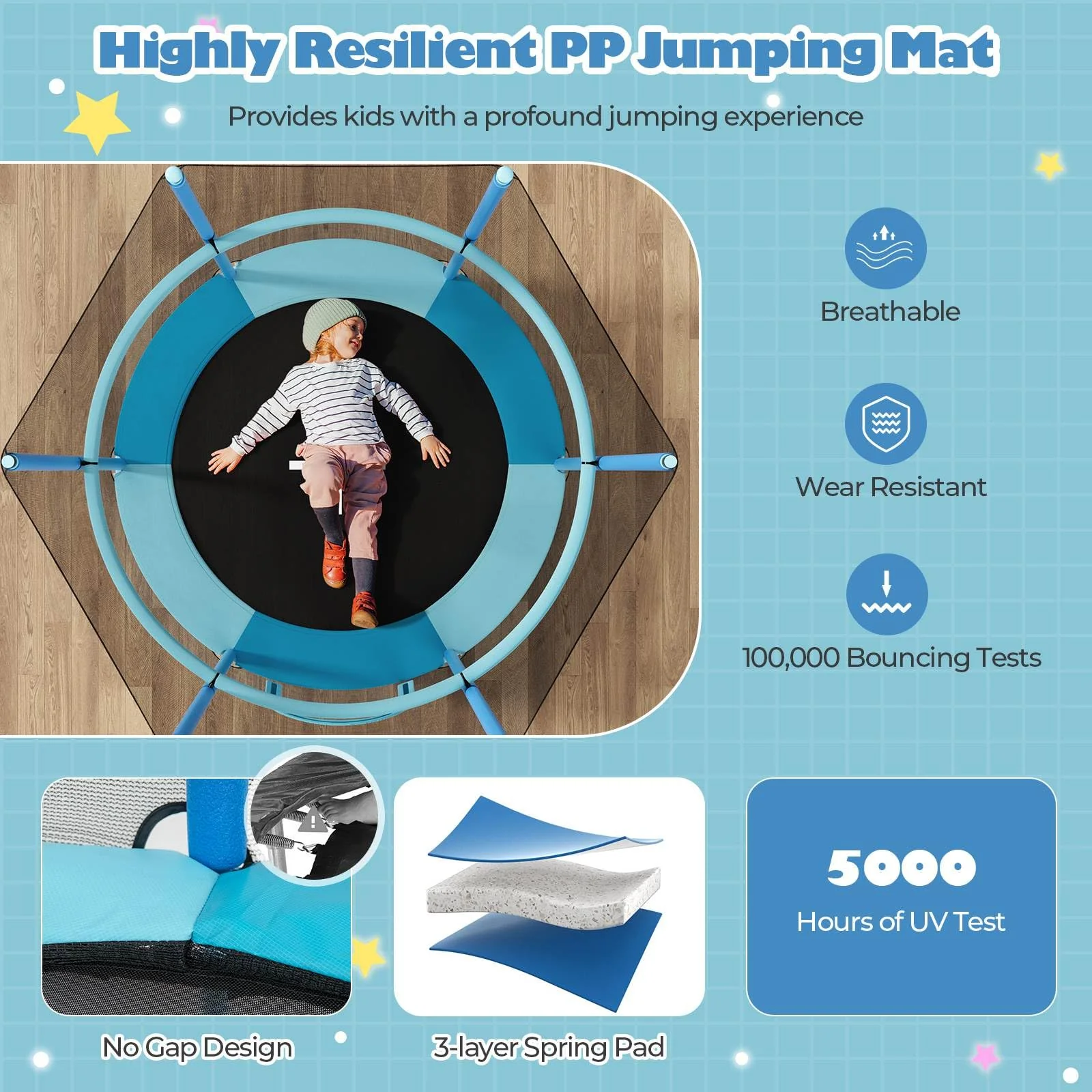 60" Kids Trampoline 5 FT Recreational Trampoline with Gymnastic Bar & Rings Blue - Image 8