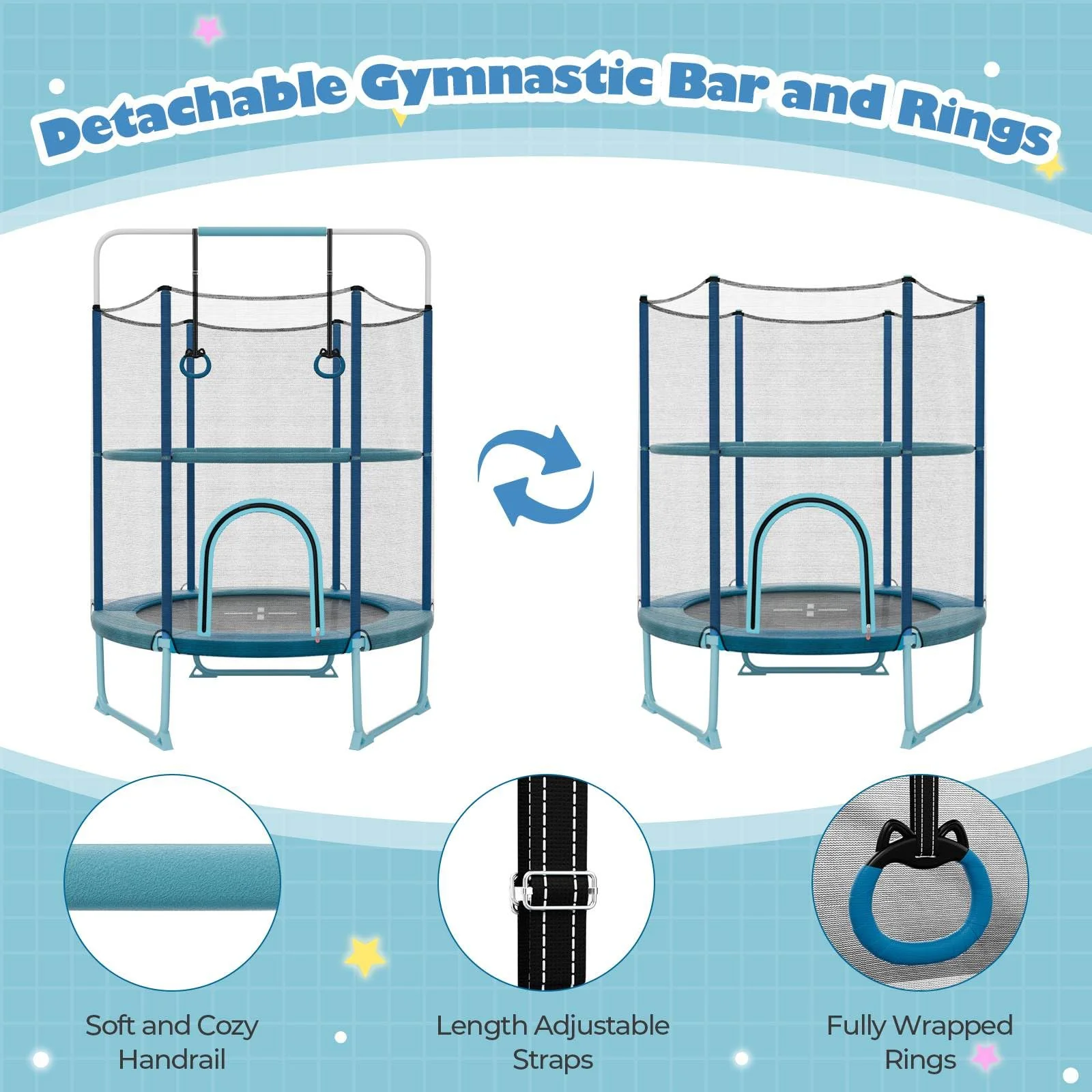 60" Kids Trampoline 5 FT Recreational Trampoline with Gymnastic Bar & Rings Blue - Image 9