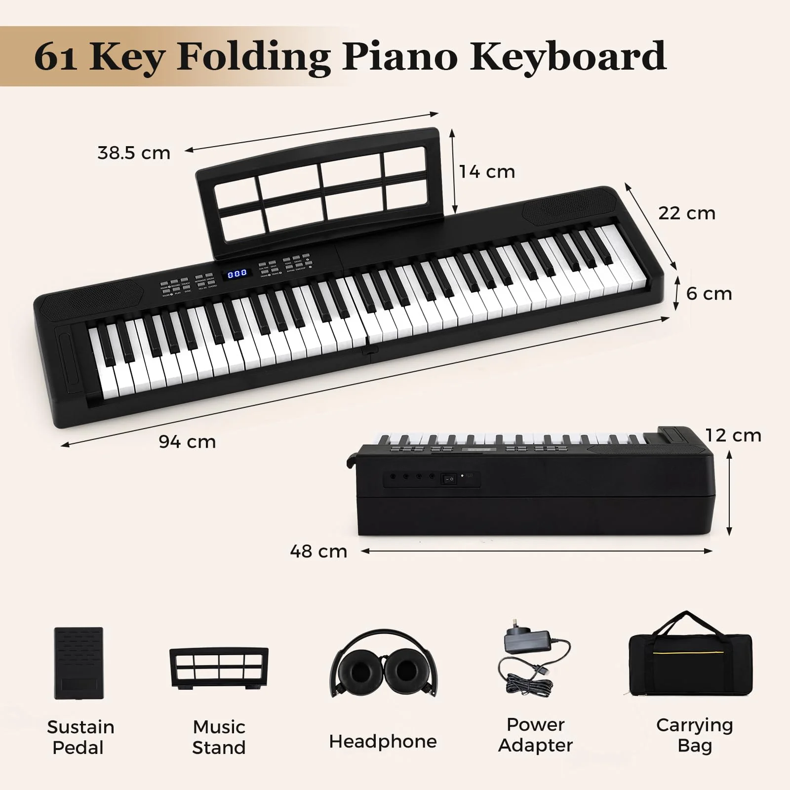 61-Key Foldable Piano Keyboard, Full-size Electronic Keyboard w/MIDI & Split Function - Image 7