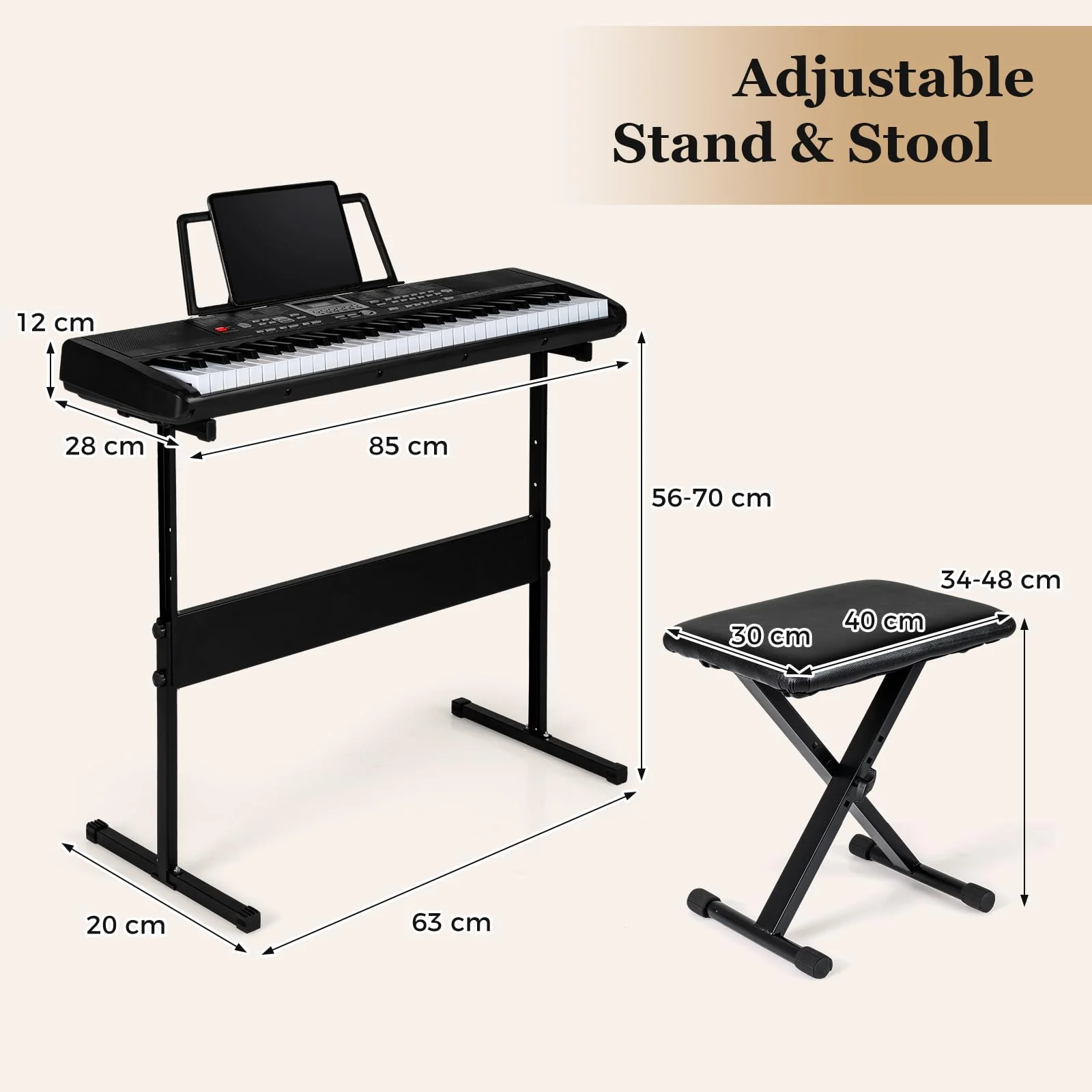 61 Keys Beginners Piano Keyboard, Electric Keyboard Kit with Adjustable Stand & Stool - Image 3