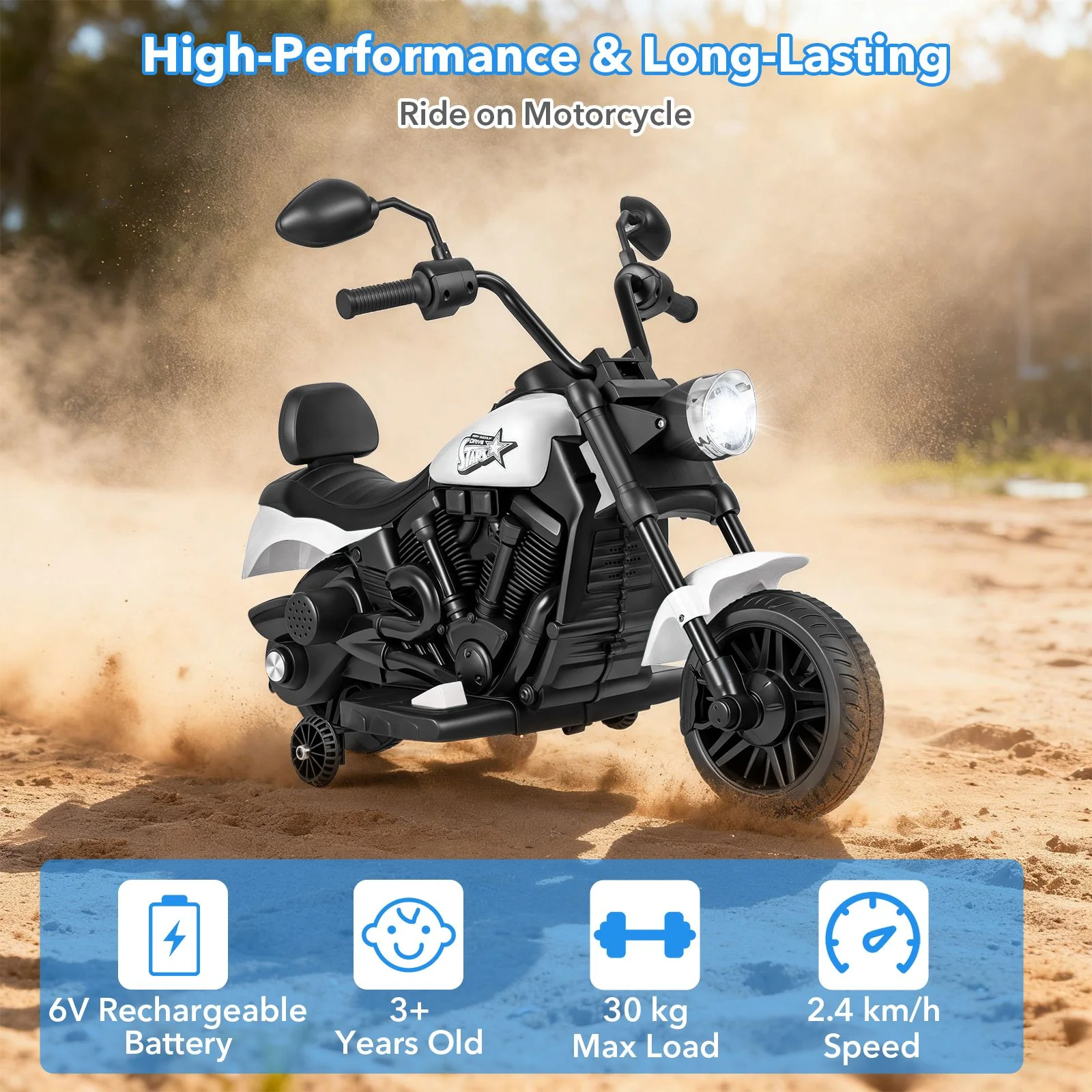 6V Battery Powered Ride on Toy with Detachable Training Wheels and Music - Image 4