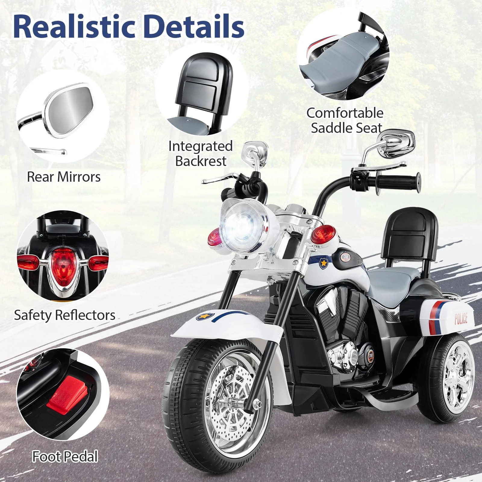 6V Kids Motorcycle 3-Wheel with Headlight and Horn White - Image 8