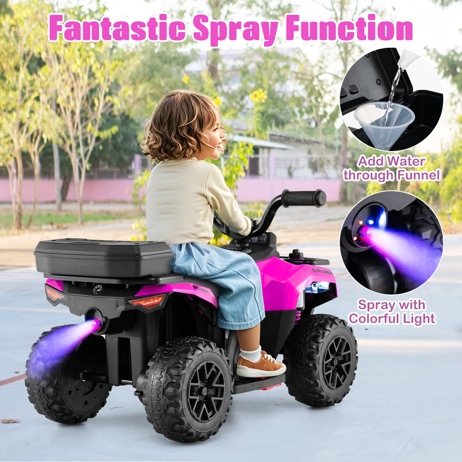 6V Kids Ride On ATV, Electric Toy Car w/Music & Spray Function, USB Port, Storage Box, 4 Anti-skid Tires, 2 km/h Max Speed - Image 4