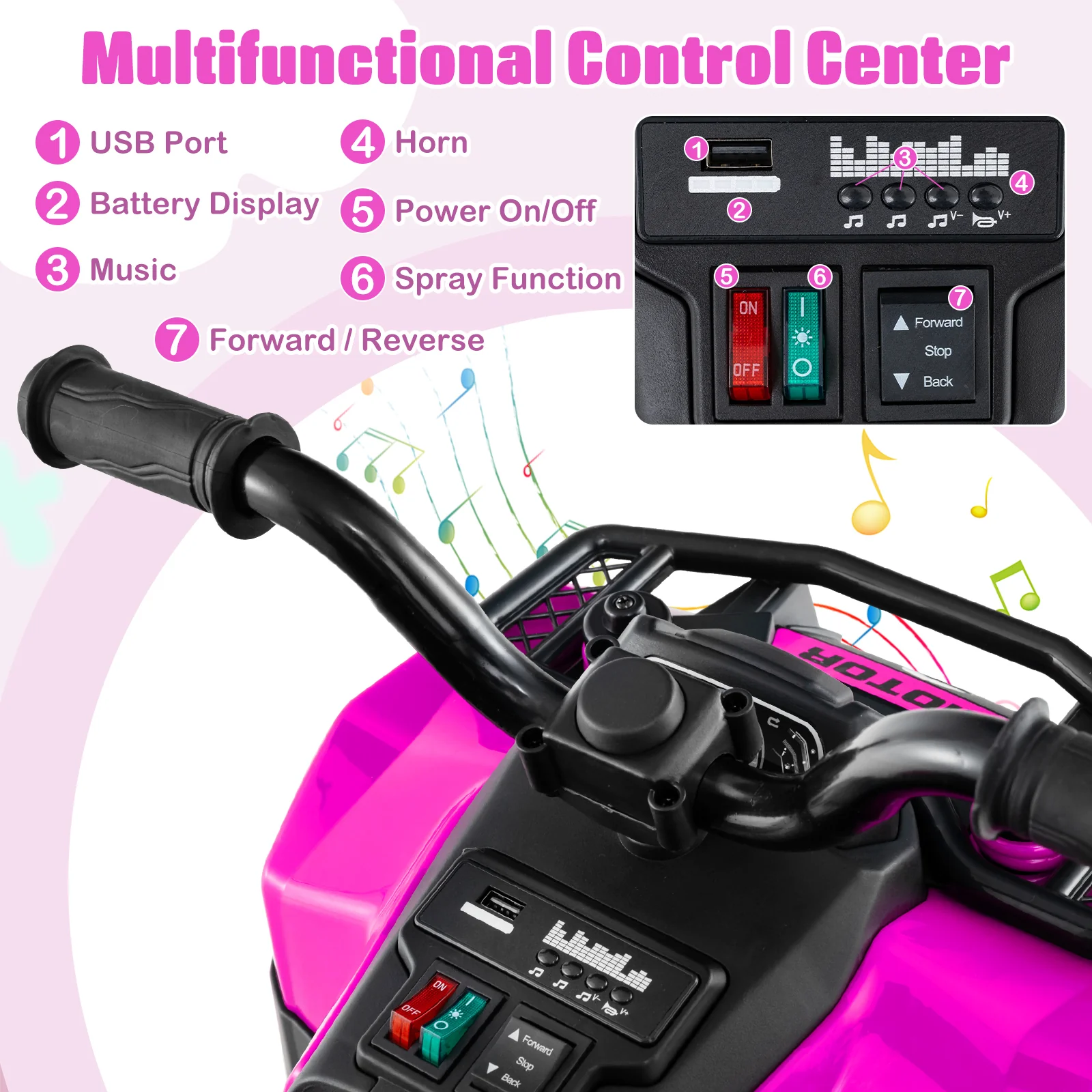 6V Kids Ride On ATV, Electric Toy Car w/Music & Spray Function, USB Port, Storage Box, 4 Anti-skid Tires, 2 km/h Max Speed - Image 5