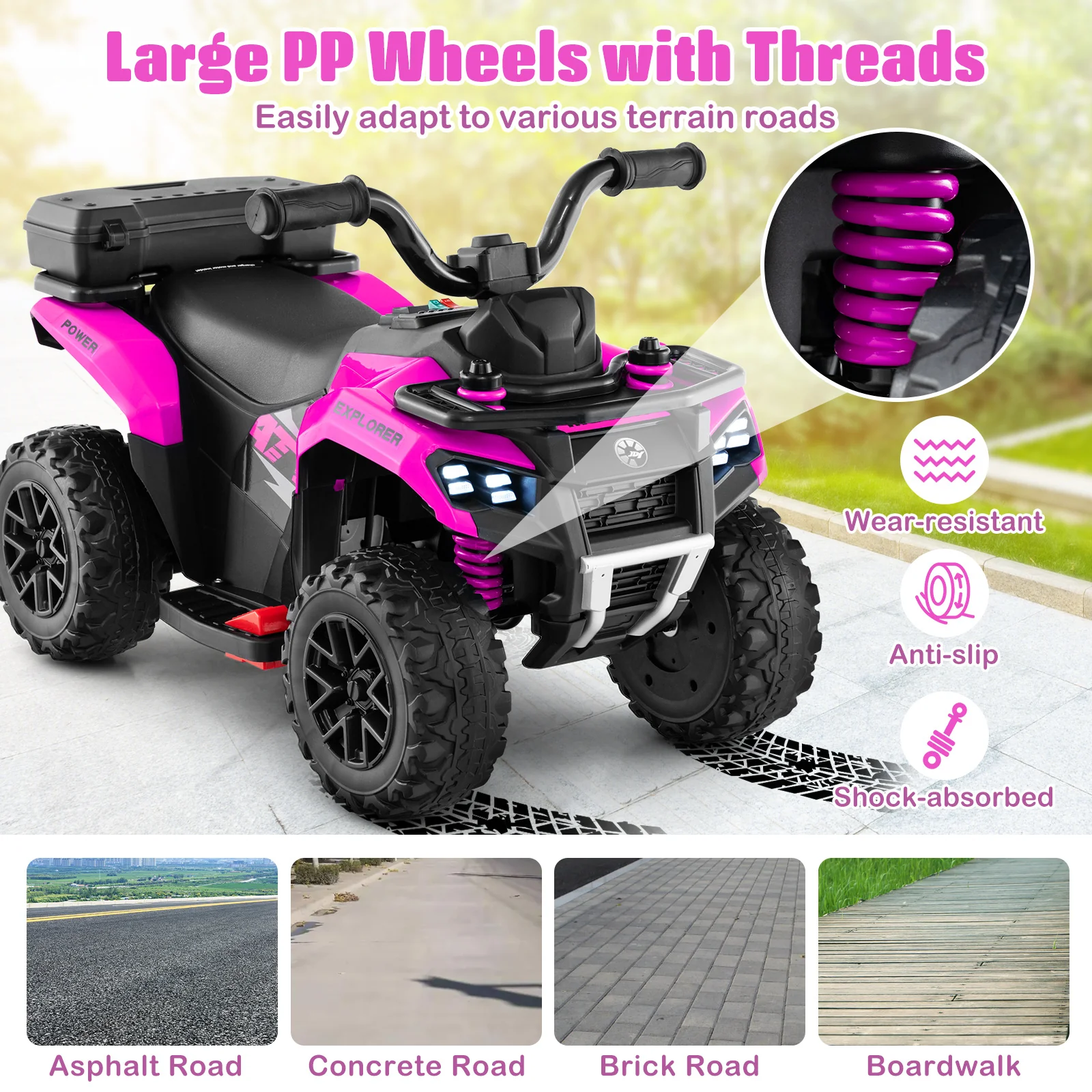 6V Kids Ride On ATV, Electric Toy Car w/Music & Spray Function, USB Port, Storage Box, 4 Anti-skid Tires, 2 km/h Max Speed - Image 6