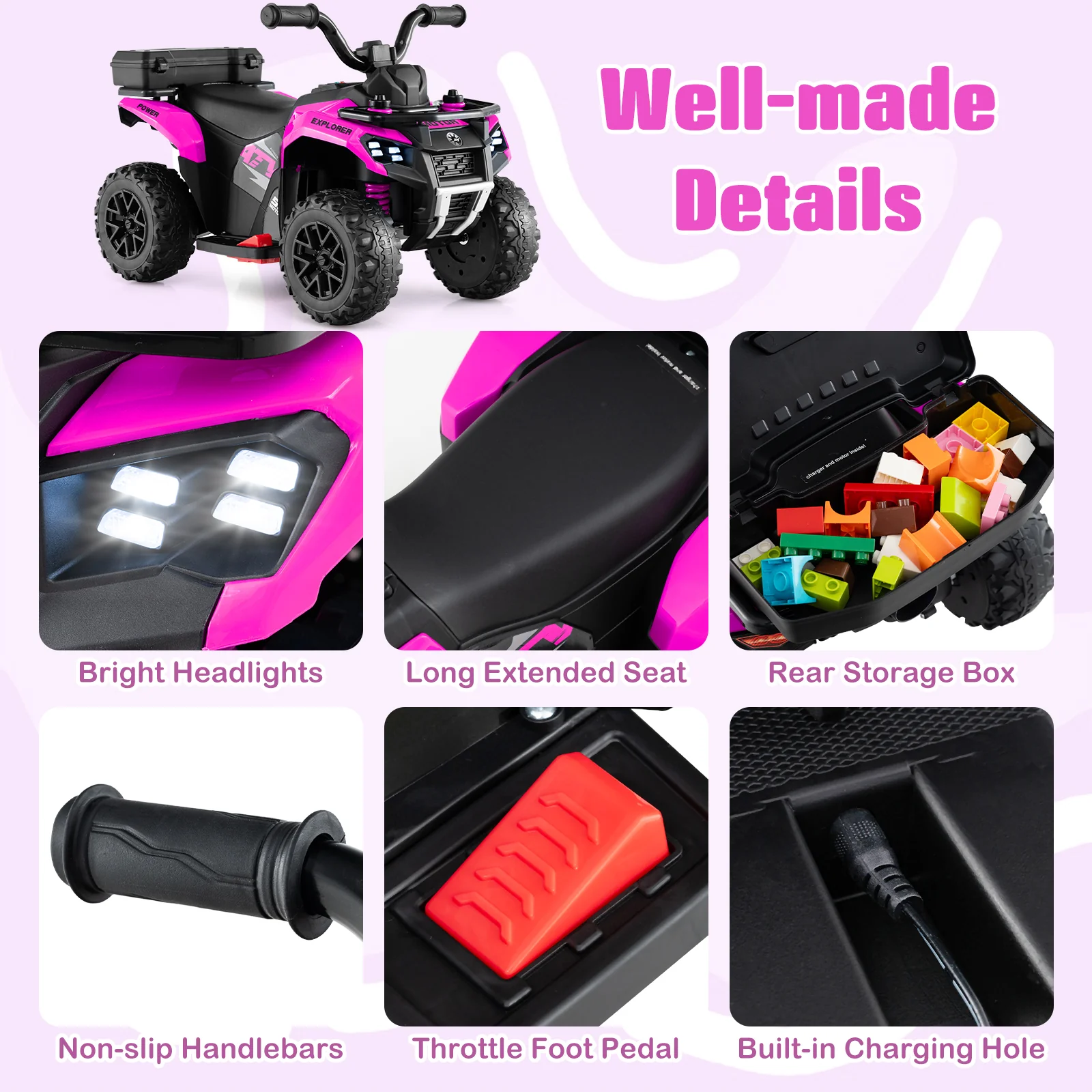 6V Kids Ride On ATV, Electric Toy Car w/Music & Spray Function, USB Port, Storage Box, 4 Anti-skid Tires, 2 km/h Max Speed - Image 7