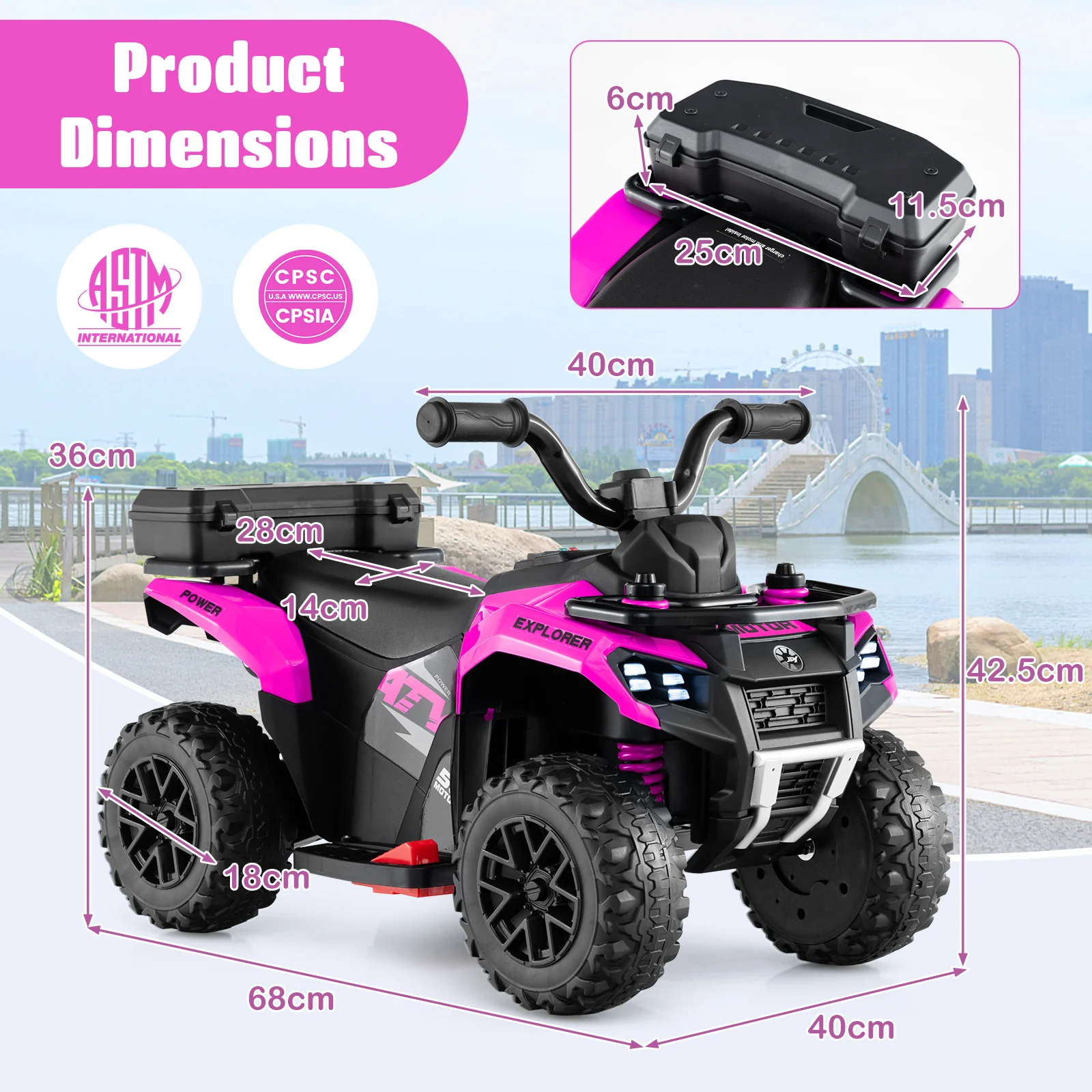 6V Kids Ride On ATV, Electric Toy Car w/Music & Spray Function, USB Port, Storage Box, 4 Anti-skid Tires, 2 km/h Max Speed - Image 9