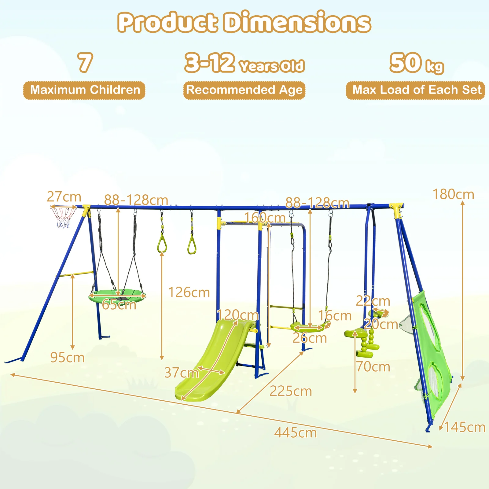 7-in-1 Outdoor Swing Set with Ground Stakes for Garden/Backyard/Park - Image 3