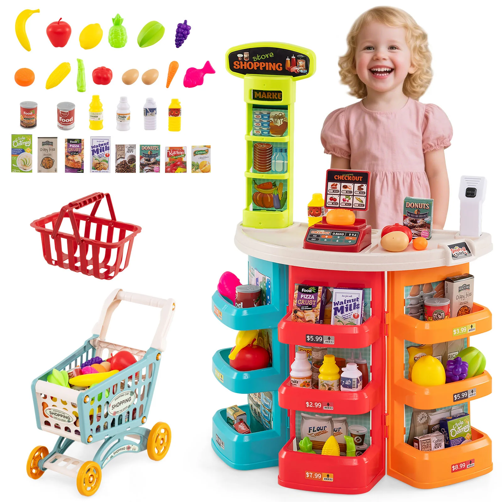 76PCS Supermarket Playset, Kids Pretend Play Grocery Store Set with Shopping Cart - Image 10