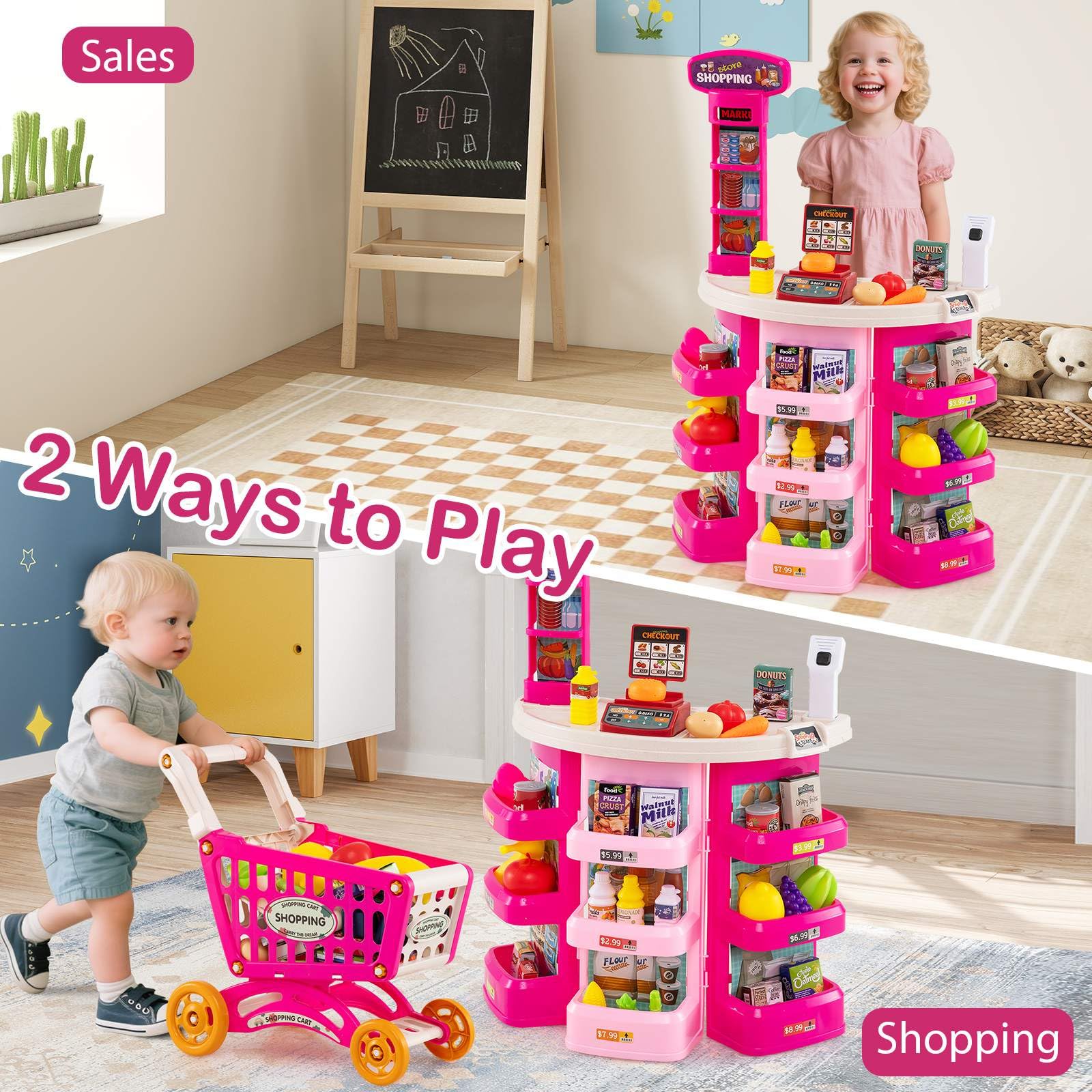 76PCS Supermarket Playset, Kids Pretend Play Grocery Store Set with Shopping Cart - Image 3
