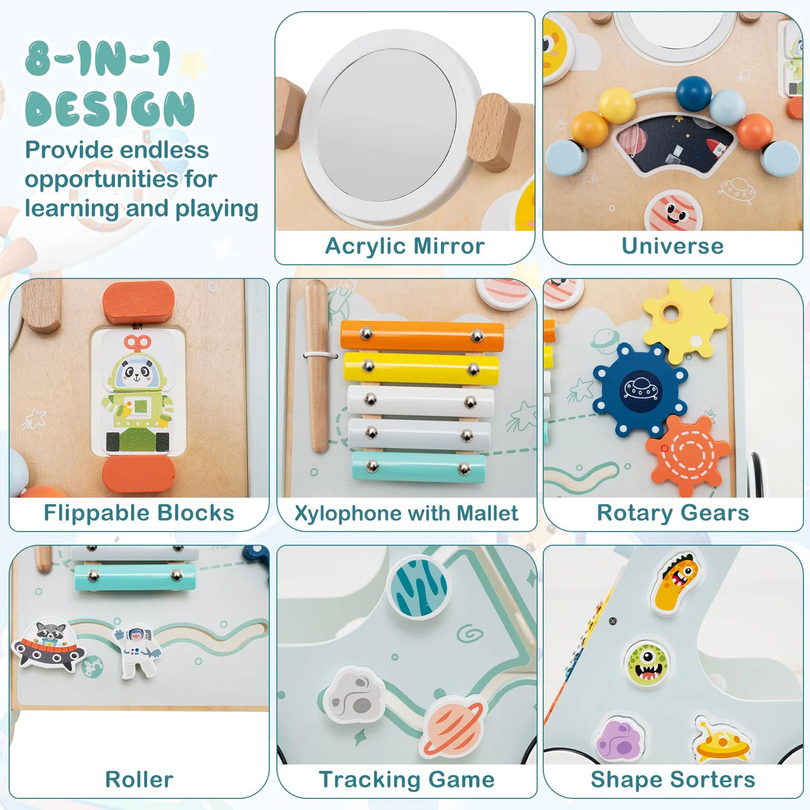 8-in-1 Wooden Baby Walker, Montessori Walker Toy with Wheels - Image 3