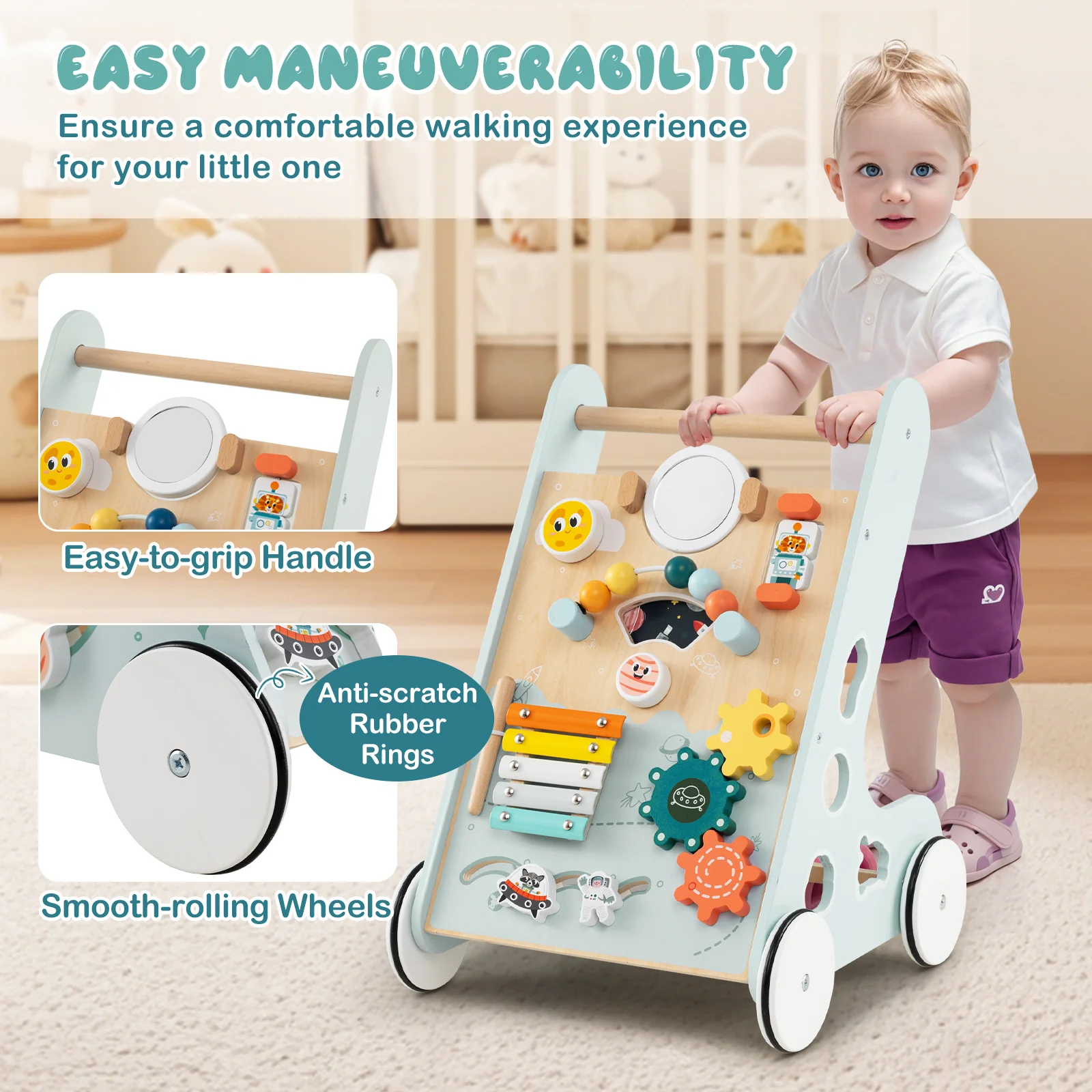 8-in-1 Wooden Baby Walker, Montessori Walker Toy with Wheels - Image 5