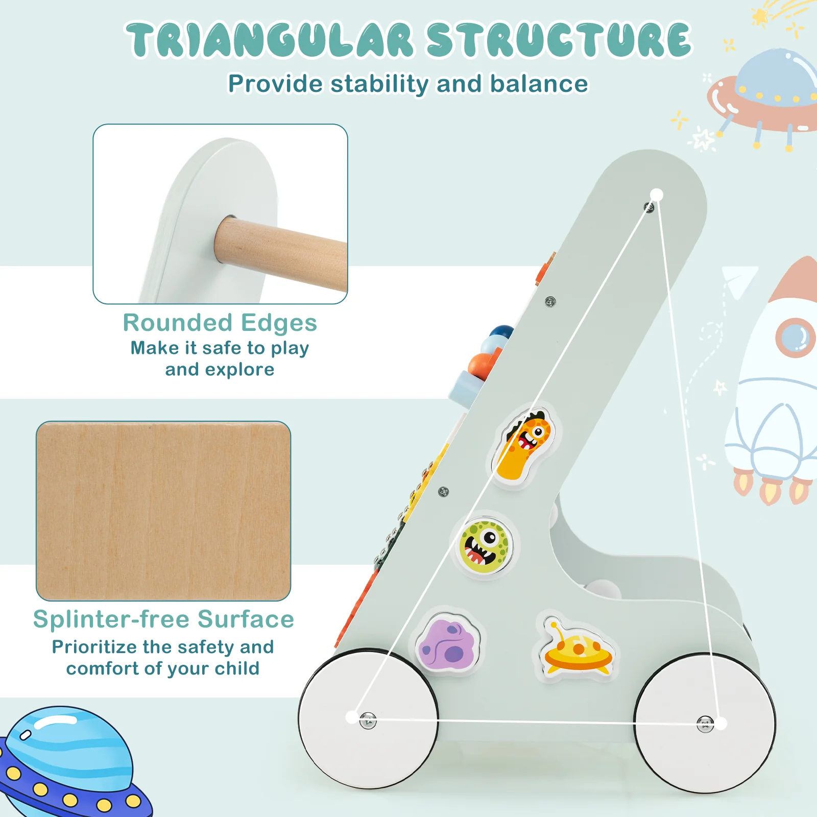 8-in-1 Wooden Baby Walker, Montessori Walker Toy with Wheels - Image 6