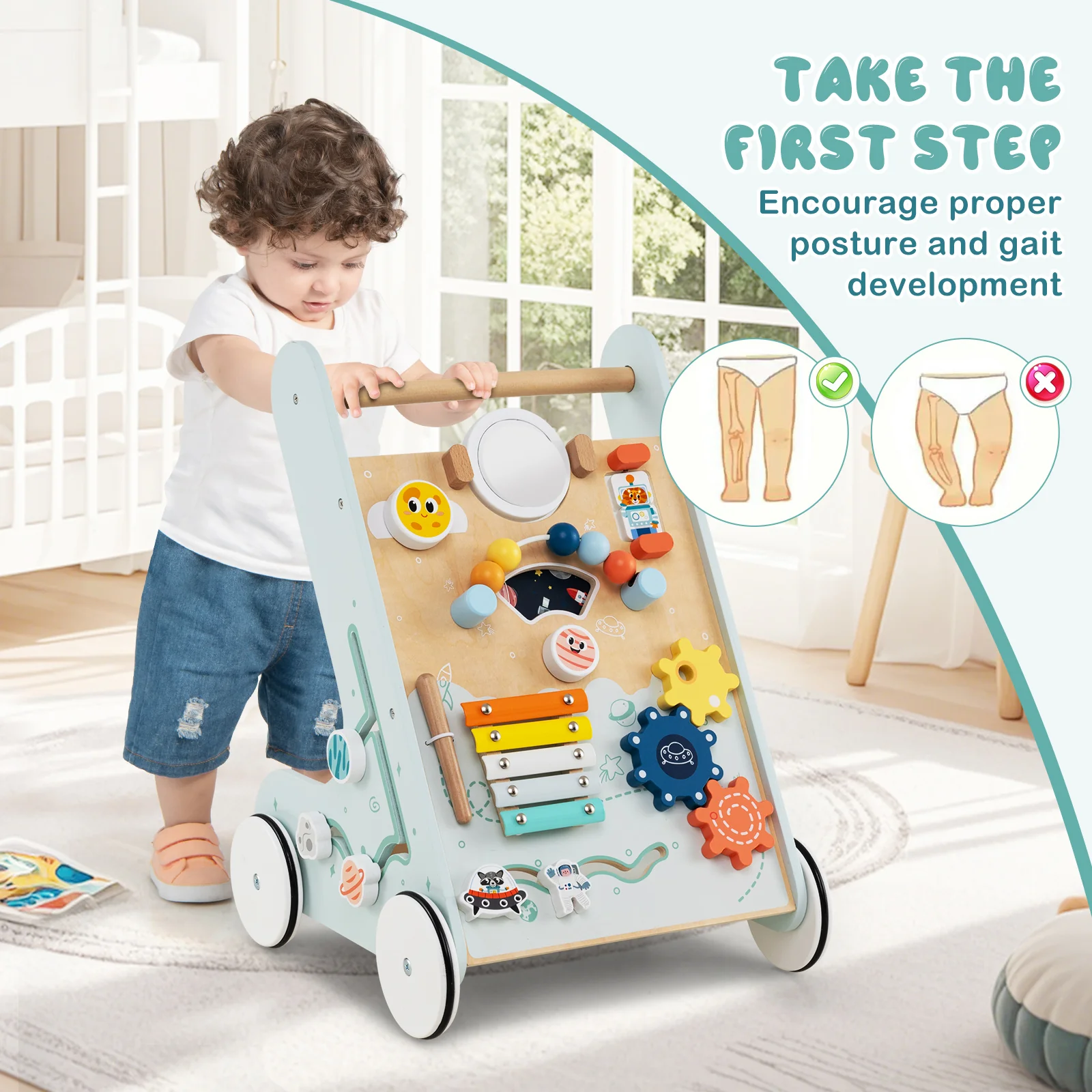 8-in-1 Wooden Baby Walker, Montessori Walker Toy with Wheels - Image 7