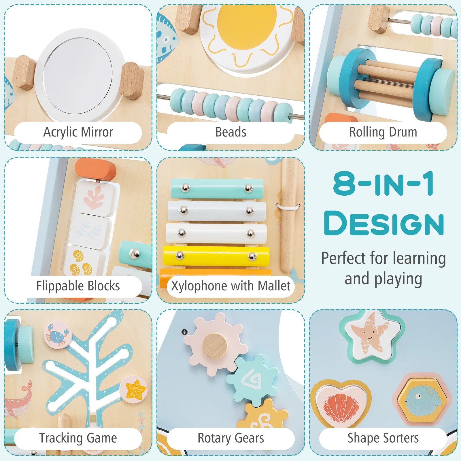 8-in-1 Wooden Baby Walker, Push and Pull Learning Activity Center for 1+ Years Old - Image 3