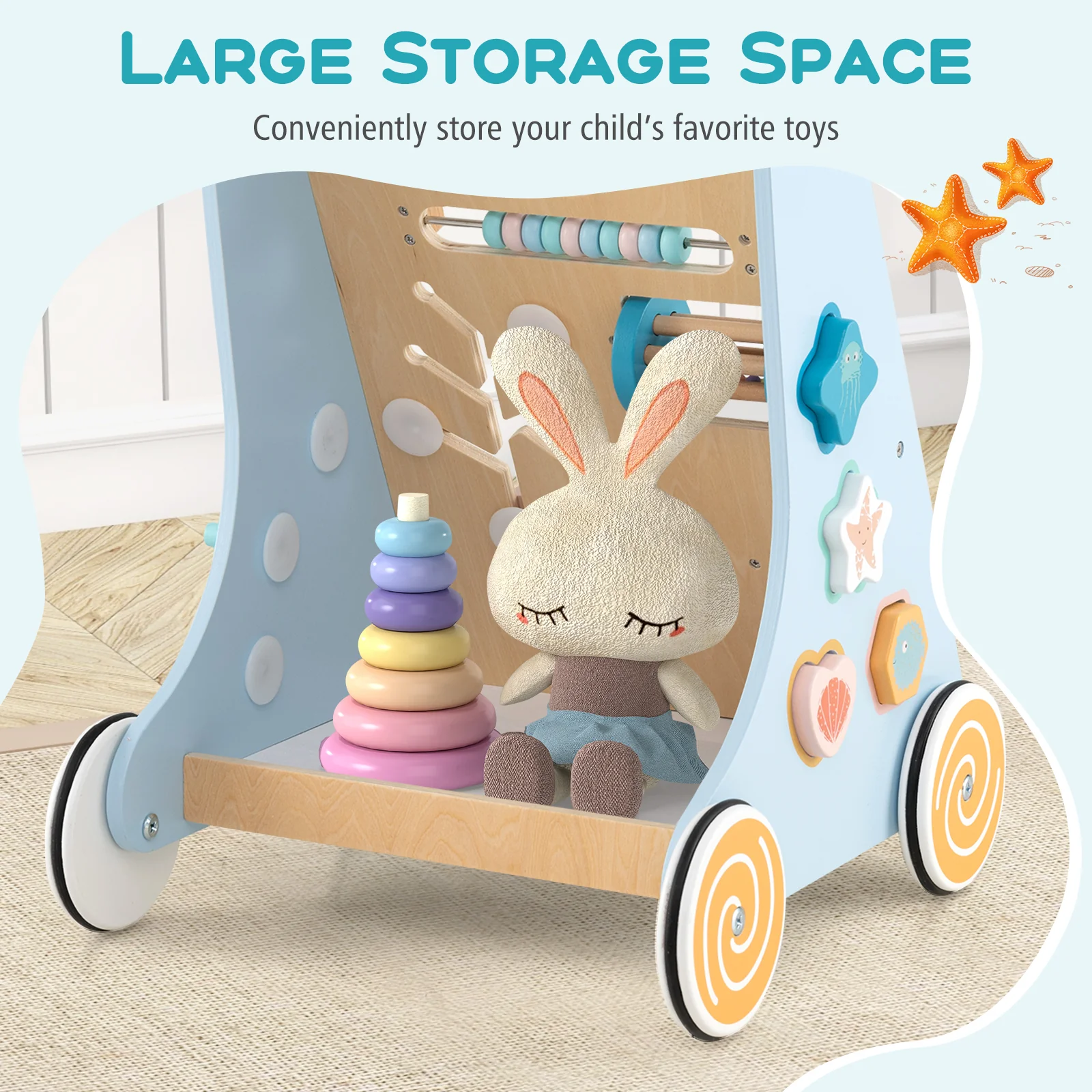 8-in-1 Wooden Baby Walker, Push and Pull Learning Activity Center for 1+ Years Old - Image 4