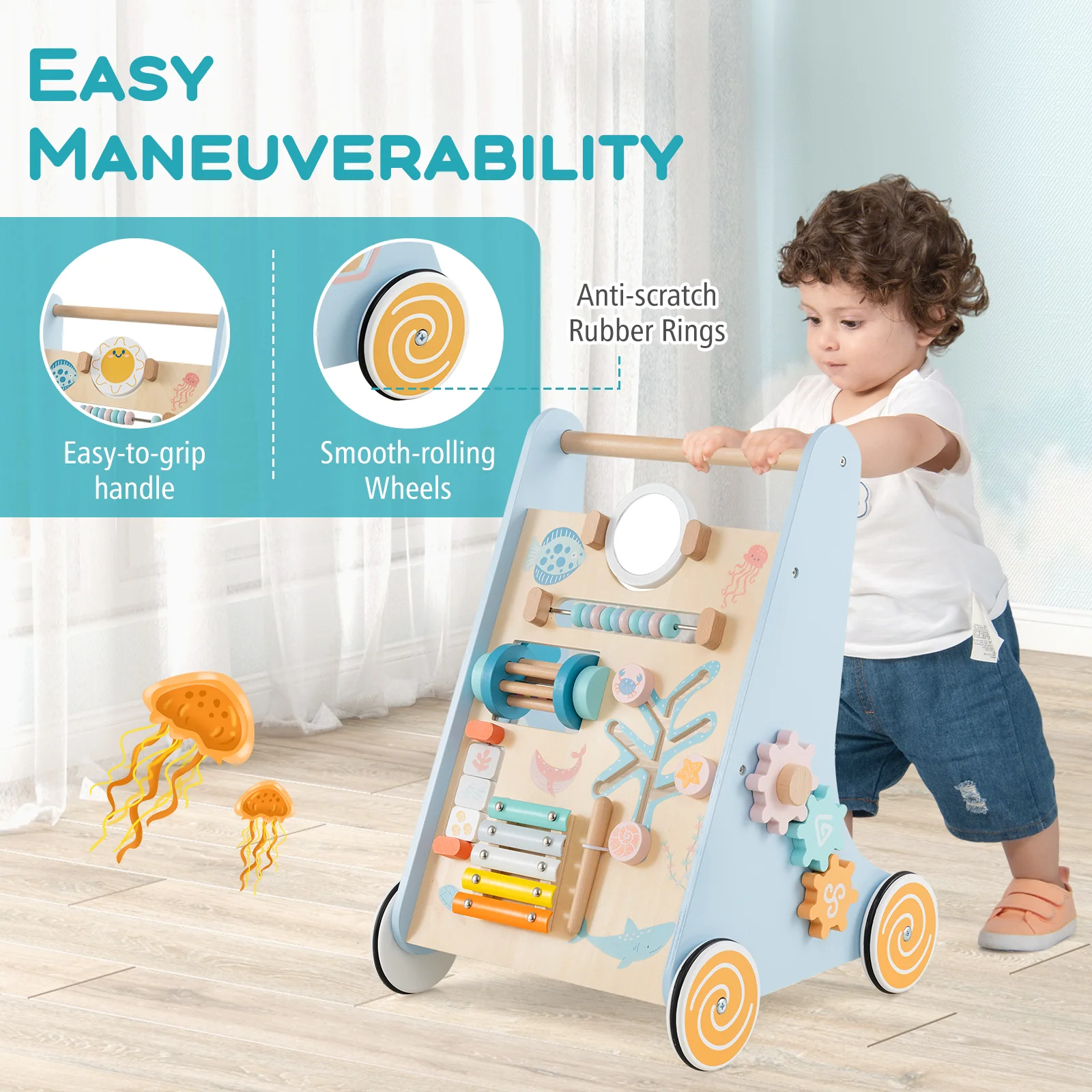 8-in-1 Wooden Baby Walker, Push and Pull Learning Activity Center for 1+ Years Old - Image 5