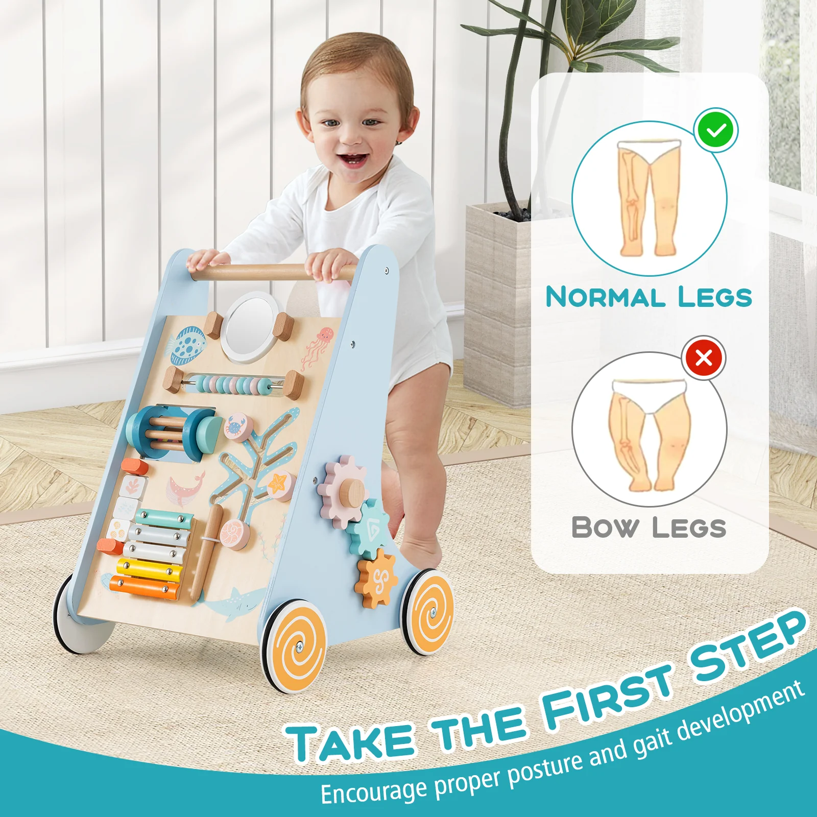 8-in-1 Wooden Baby Walker, Push and Pull Learning Activity Center for 1+ Years Old - Image 7