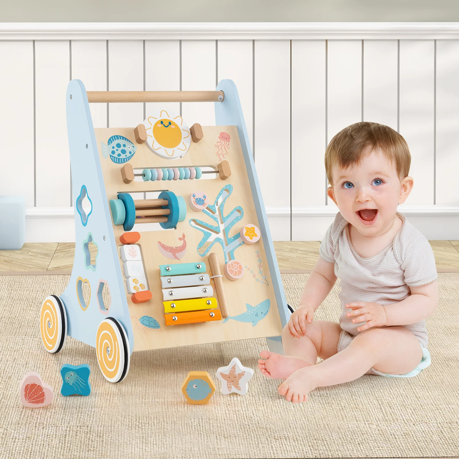 8-in-1 Wooden Baby Walker, Push and Pull Learning Activity Center for 1+ Years Old - Image 8