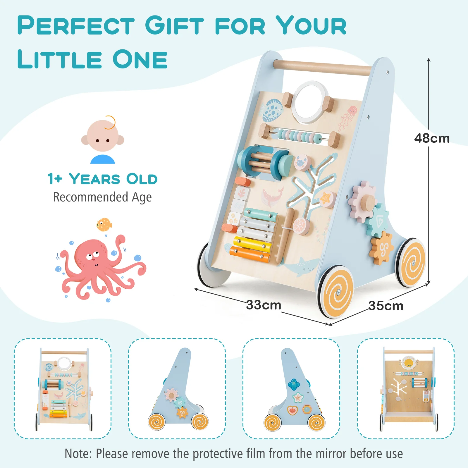 8-in-1 Wooden Baby Walker, Push and Pull Learning Activity Center for 1+ Years Old - Image 9