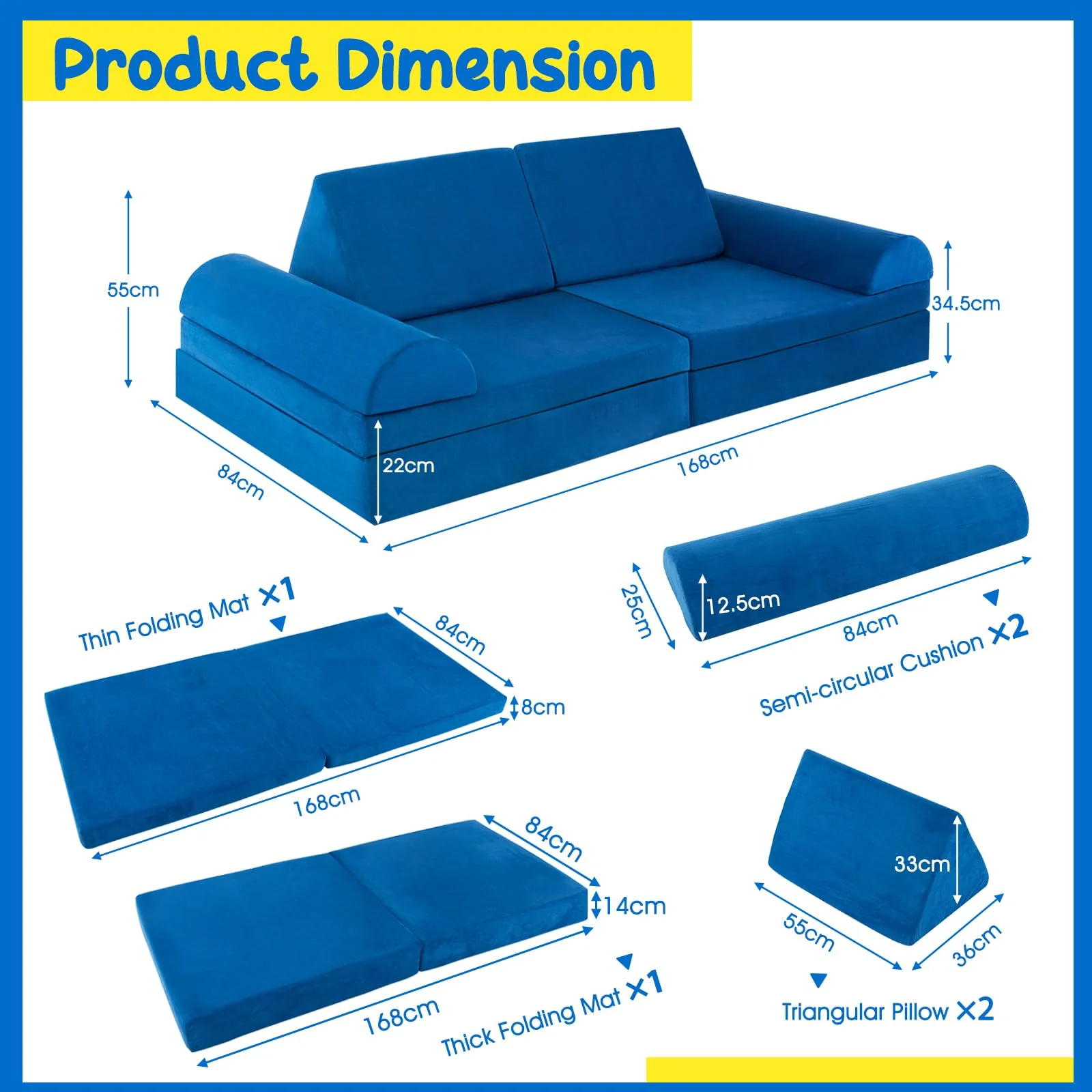 8-Piece Kids Play Couch Sofa, Modular Convertible Foam Folding Floor Sofa - Image 5
