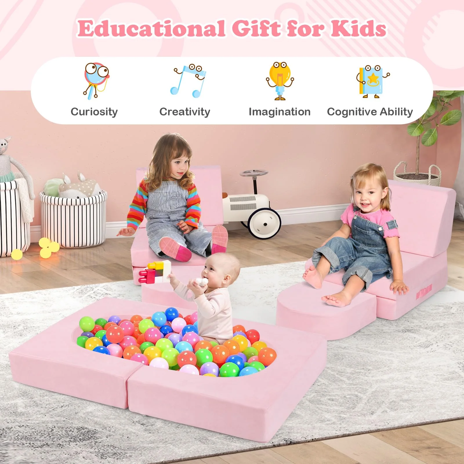 8-Piece Modular Kids Sofa Play Couch, Convertible Climb & Crawl Foam Playset with Comfy Suede Fabric - Image 5