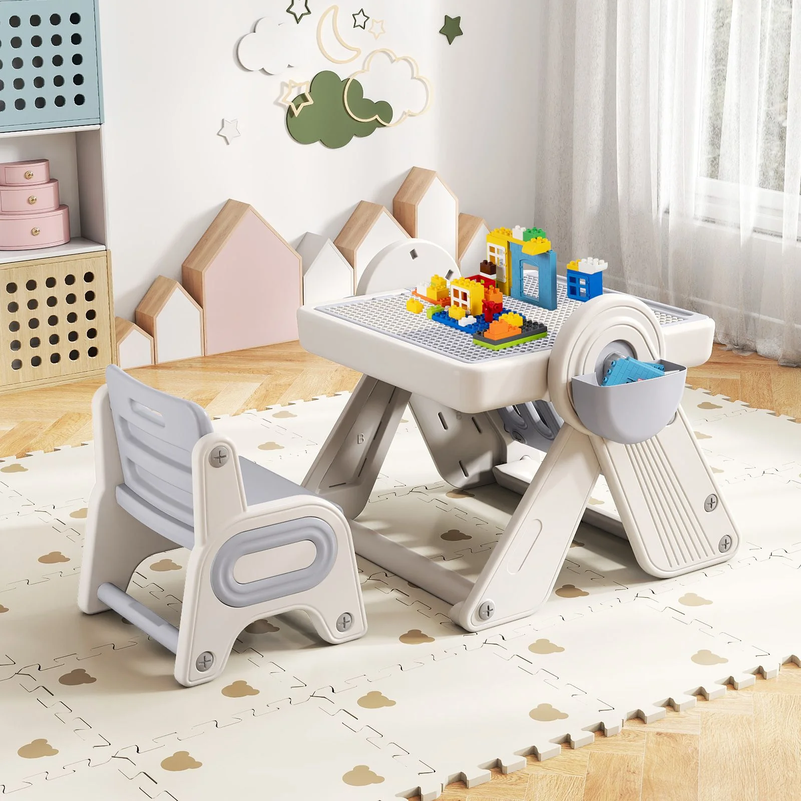 9-in-1 Kids Activity Table and Chair Set with 3 Heights and Book Rack - Image 2