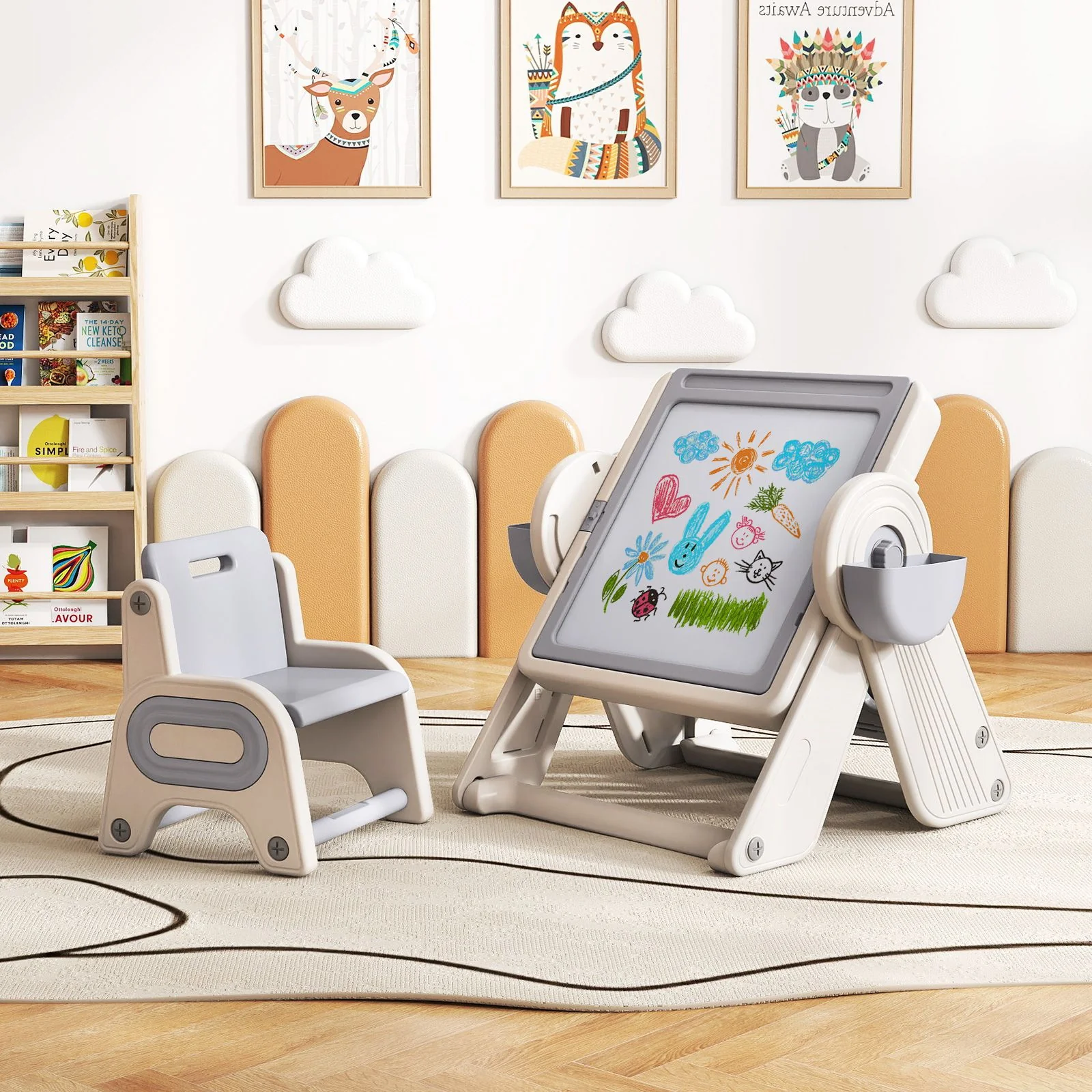9-in-1 Kids Activity Table and Chair Set with 3 Heights and Book Rack - Image 3