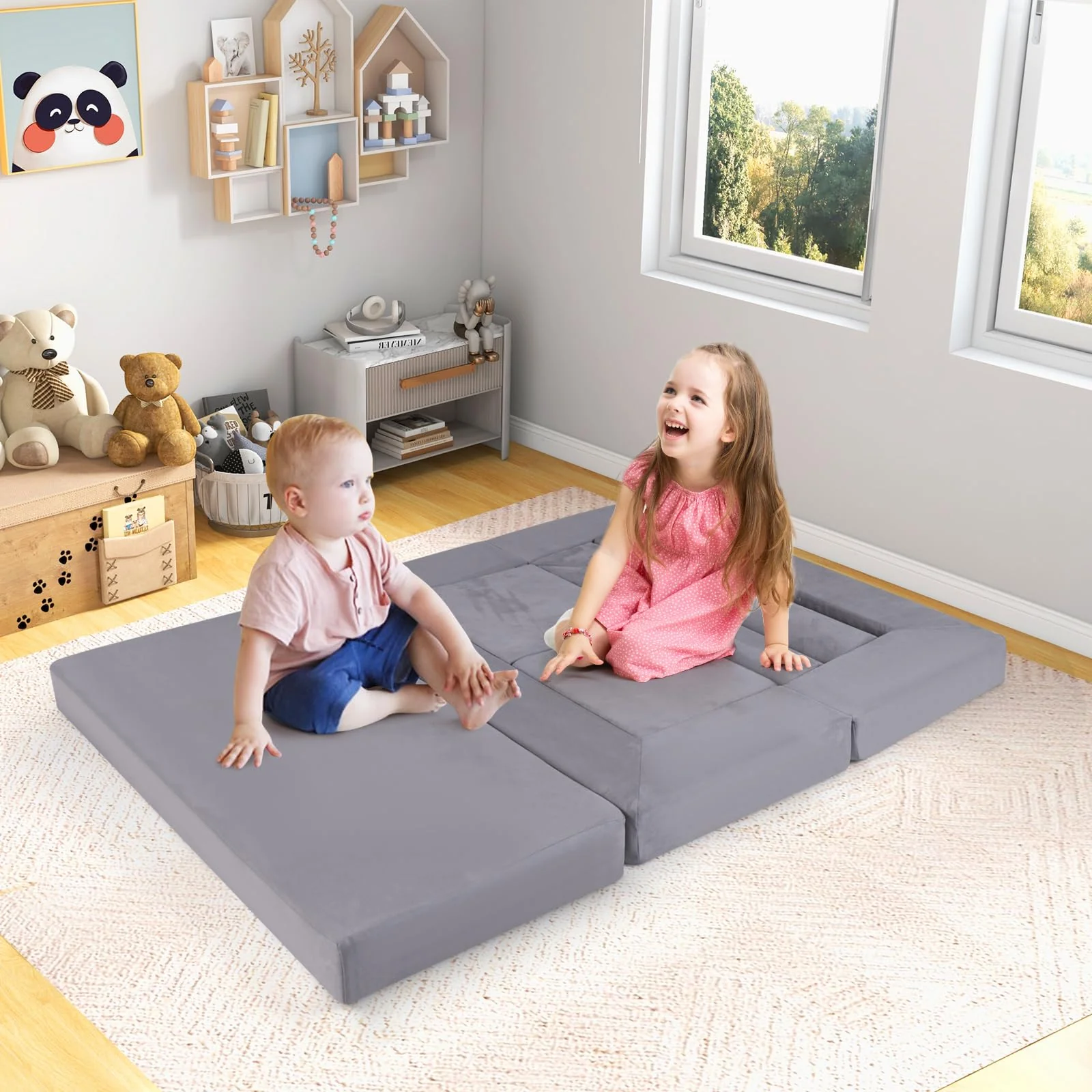 9-Piece Modular Kids Play Couch, Climb & Crawl Foam Playset w/ Breathable Suede Fabric - Image 10