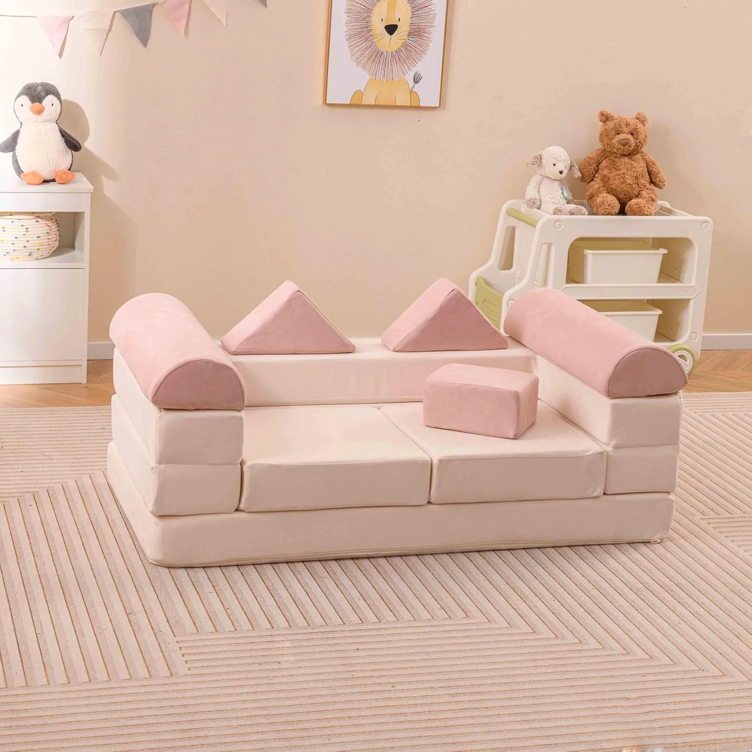 9-Piece Modular Kids Play Couch, Climb & Crawl Foam Playset w/ Breathable Suede Fabric - Image 11