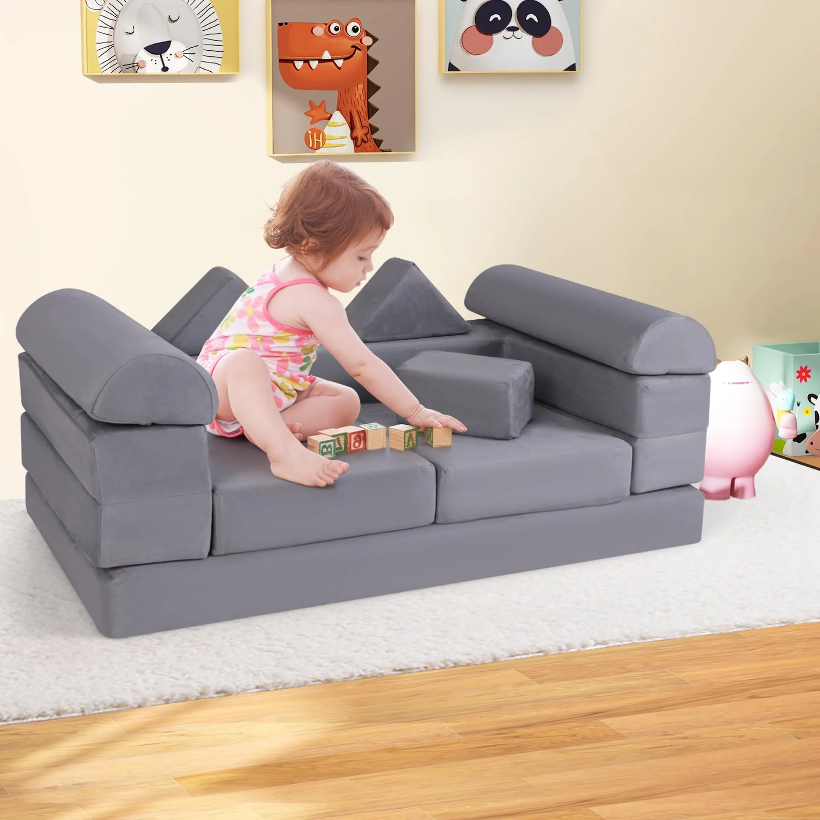 9-Piece Modular Kids Play Couch, Climb & Crawl Foam Playset w/ Breathable Suede Fabric - Image 3