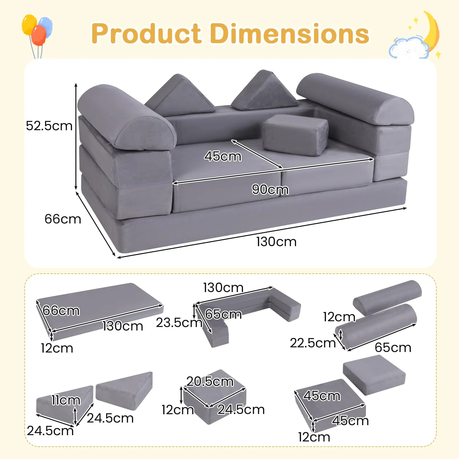 9-Piece Modular Kids Play Couch, Climb & Crawl Foam Playset w/ Breathable Suede Fabric - Image 4