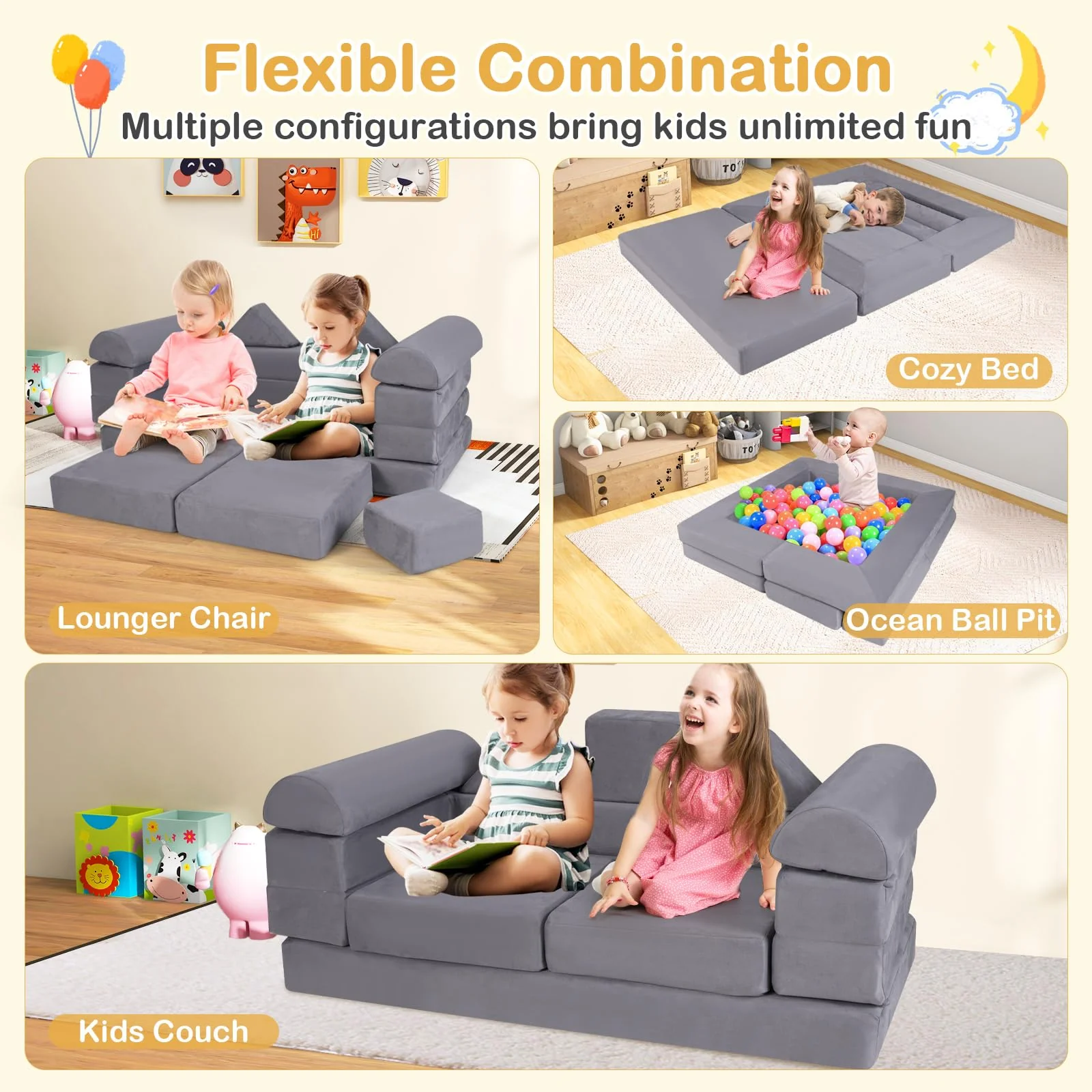 9-Piece Modular Kids Play Couch, Climb & Crawl Foam Playset w/ Breathable Suede Fabric - Image 5