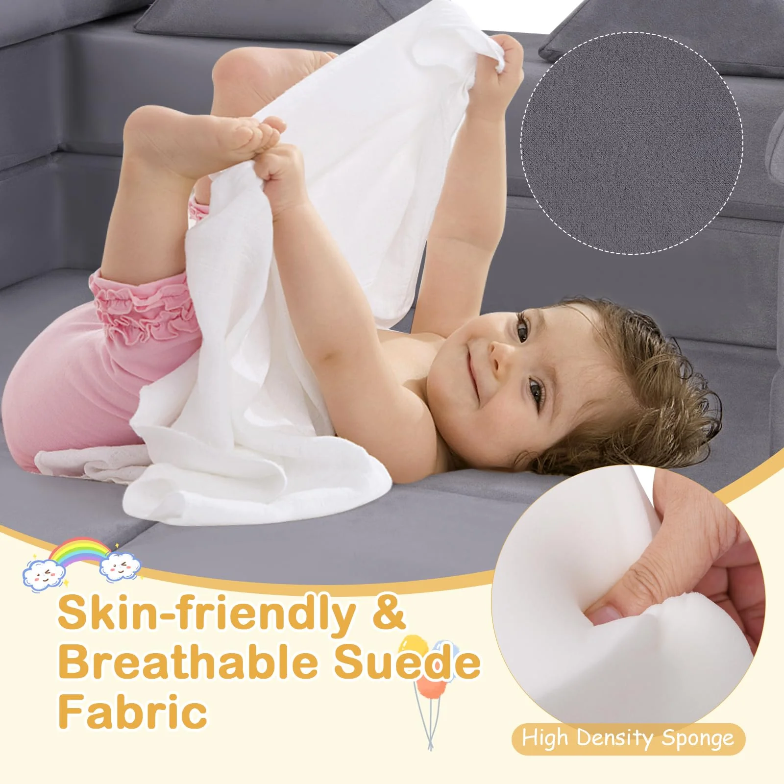 9-Piece Modular Kids Play Couch, Climb & Crawl Foam Playset w/ Breathable Suede Fabric - Image 6