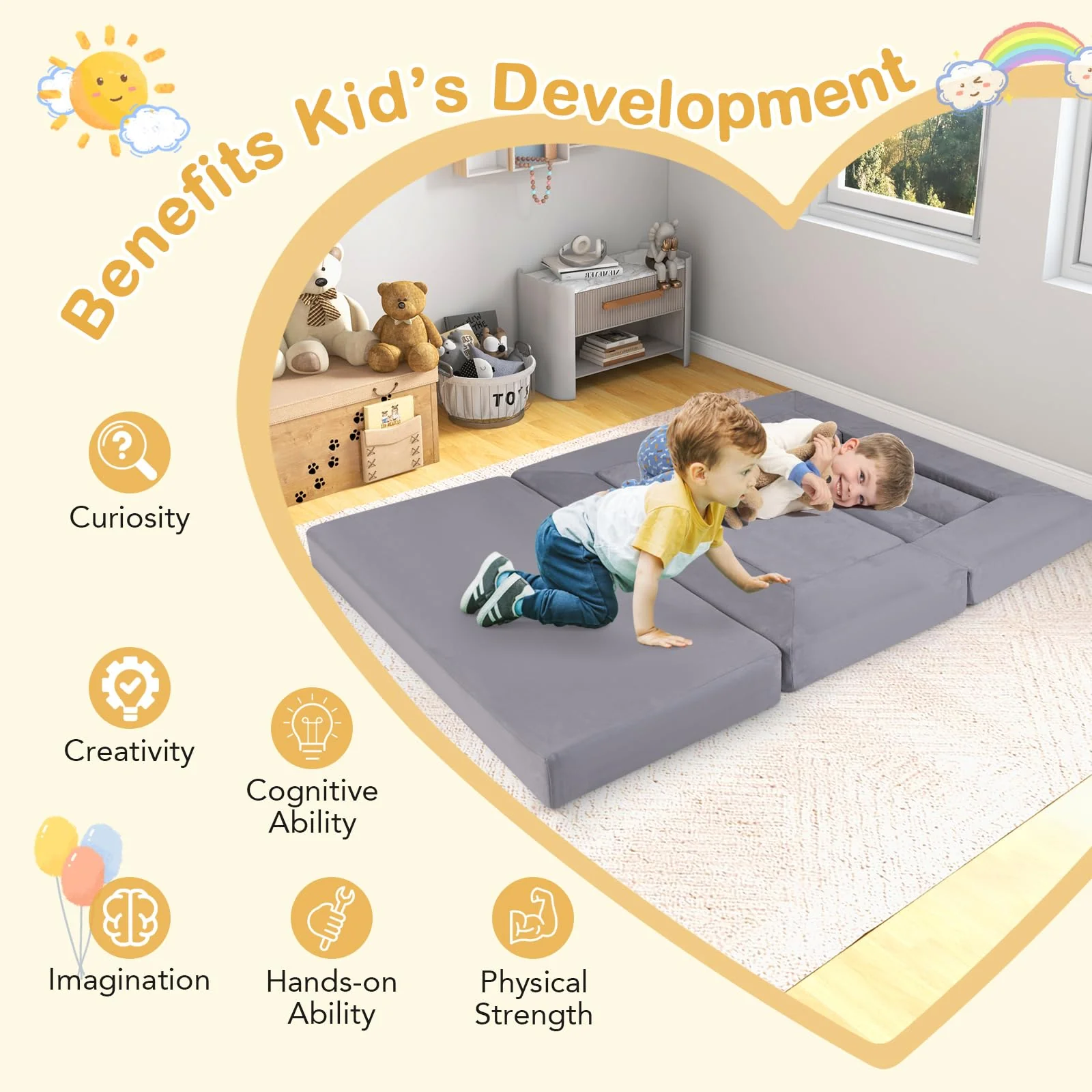 9-Piece Modular Kids Play Couch, Climb & Crawl Foam Playset w/ Breathable Suede Fabric - Image 7