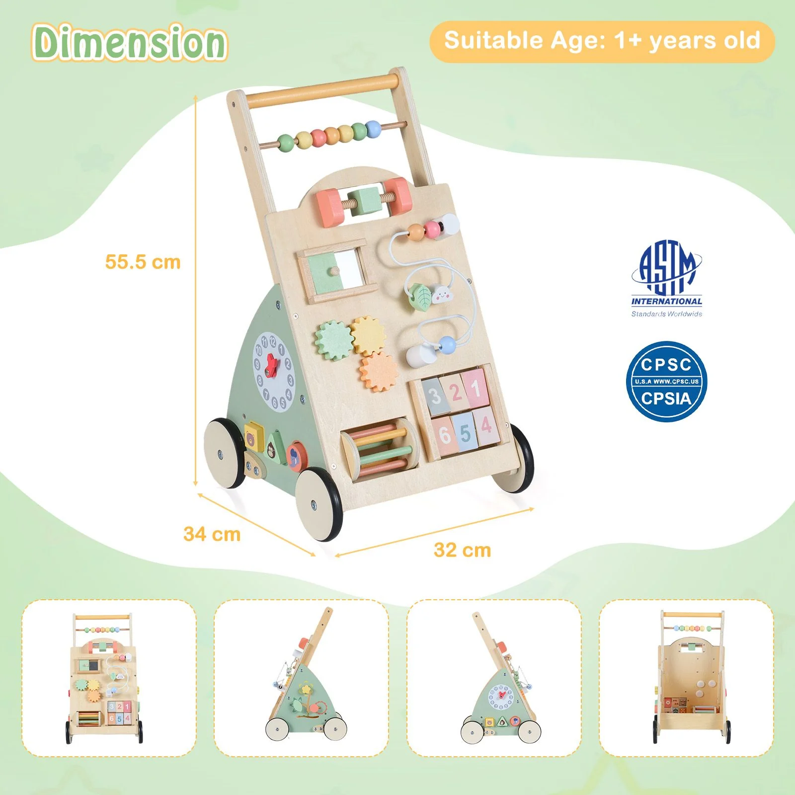 Babies Push Walker with Wheels and Storage Basket for Toddlers Girls Boys 1+ Years Old - Image 3