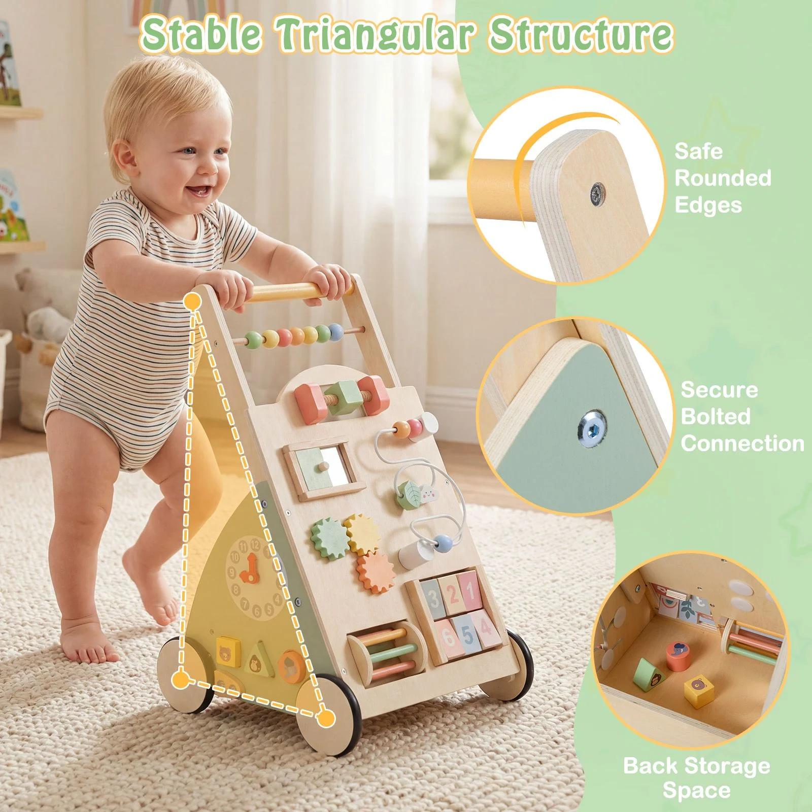 Babies Push Walker with Wheels and Storage Basket for Toddlers Girls Boys 1+ Years Old - Image 4