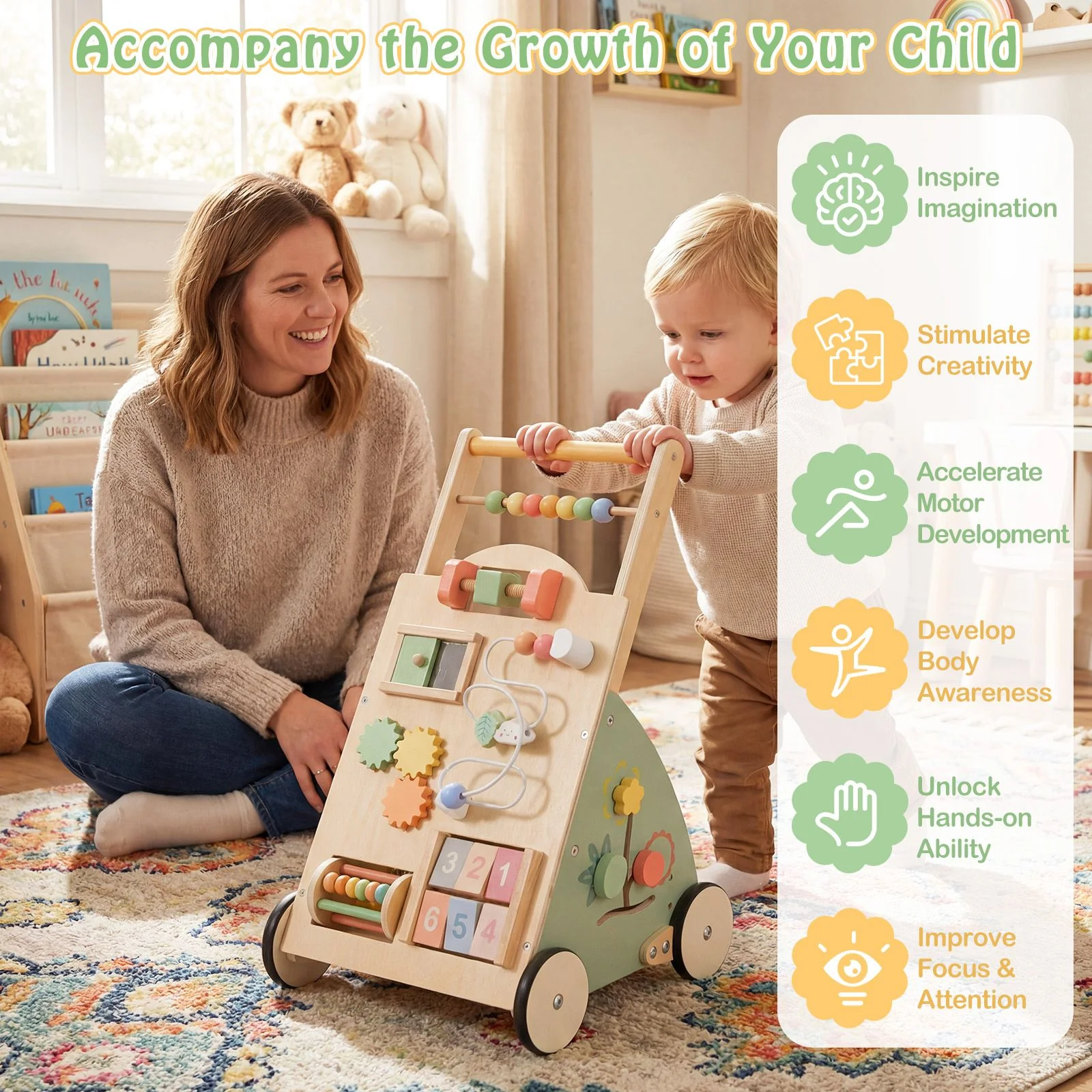 Babies Push Walker with Wheels and Storage Basket for Toddlers Girls Boys 1+ Years Old - Image 5