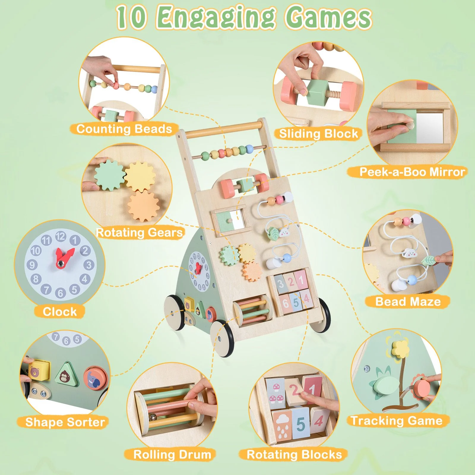 Babies Push Walker with Wheels and Storage Basket for Toddlers Girls Boys 1+ Years Old - Image 6