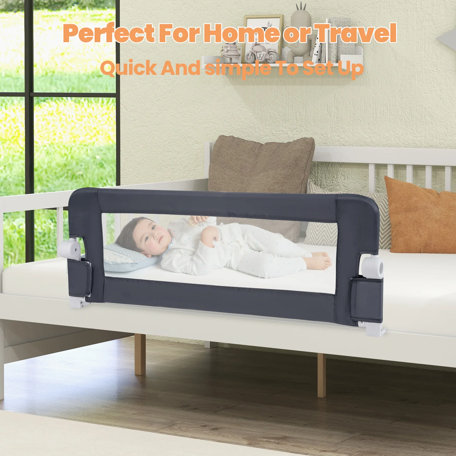 BABY JOY 120*42.5 cm Bed Rail Guard for Toddlers, Universal Baby Fold Down Bed Rail w/Adjustable Safety Strap & Breathable Mesh - Image 3