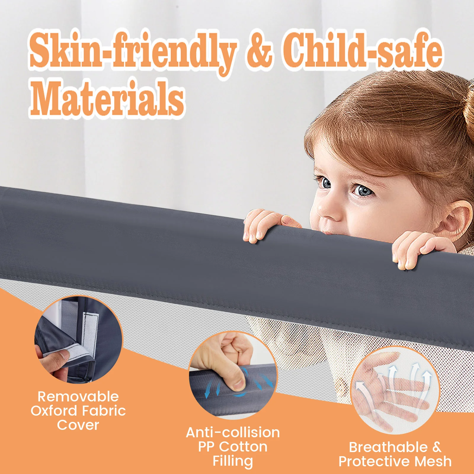 BABY JOY 120*42.5 cm Bed Rail Guard for Toddlers, Universal Baby Fold Down Bed Rail w/Adjustable Safety Strap & Breathable Mesh - Image 4