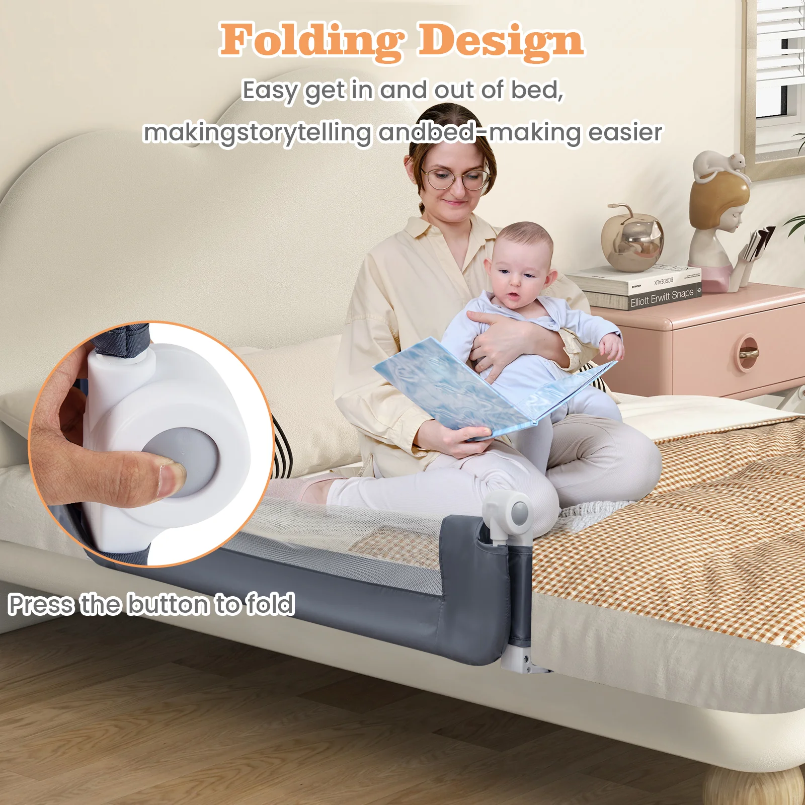 BABY JOY 120*42.5 cm Bed Rail Guard for Toddlers, Universal Baby Fold Down Bed Rail w/Adjustable Safety Strap & Breathable Mesh - Image 5