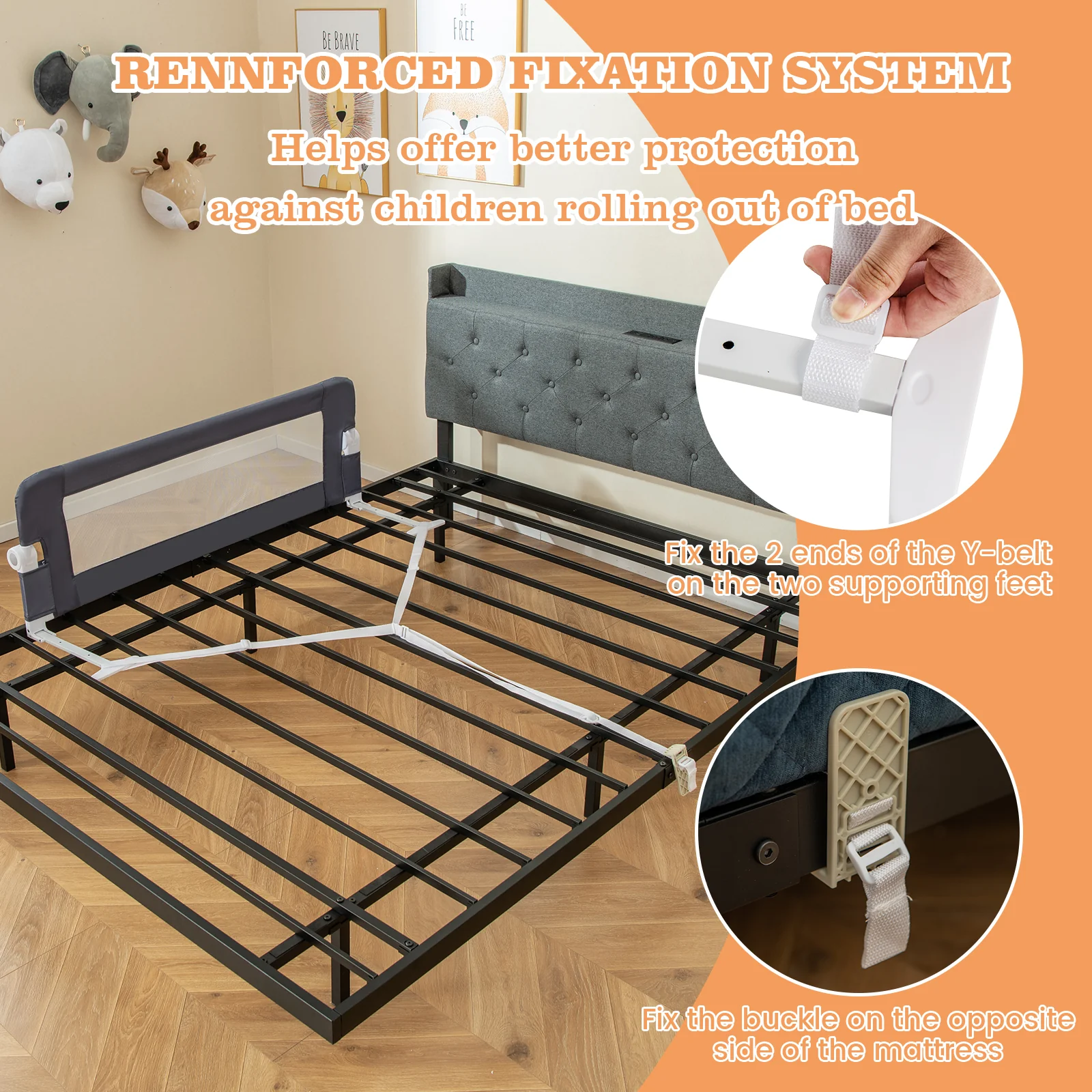BABY JOY 120*42.5 cm Bed Rail Guard for Toddlers, Universal Baby Fold Down Bed Rail w/Adjustable Safety Strap & Breathable Mesh - Image 6